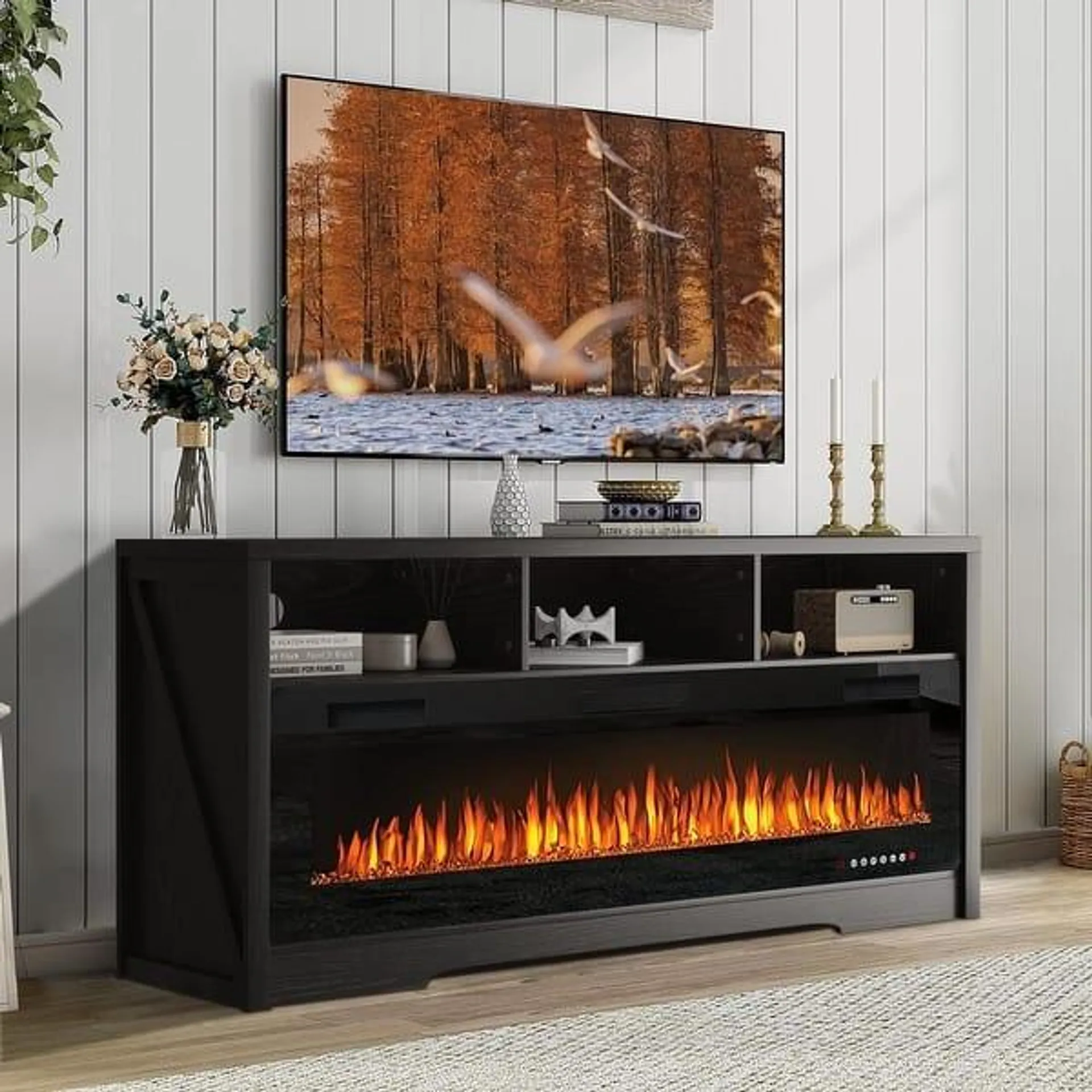 BOSSIN Fireplace 65" TV Stand for TVs Up to 75" TV with 60" Electric Fireplace,Entertainment Center with Open Shelve Storage