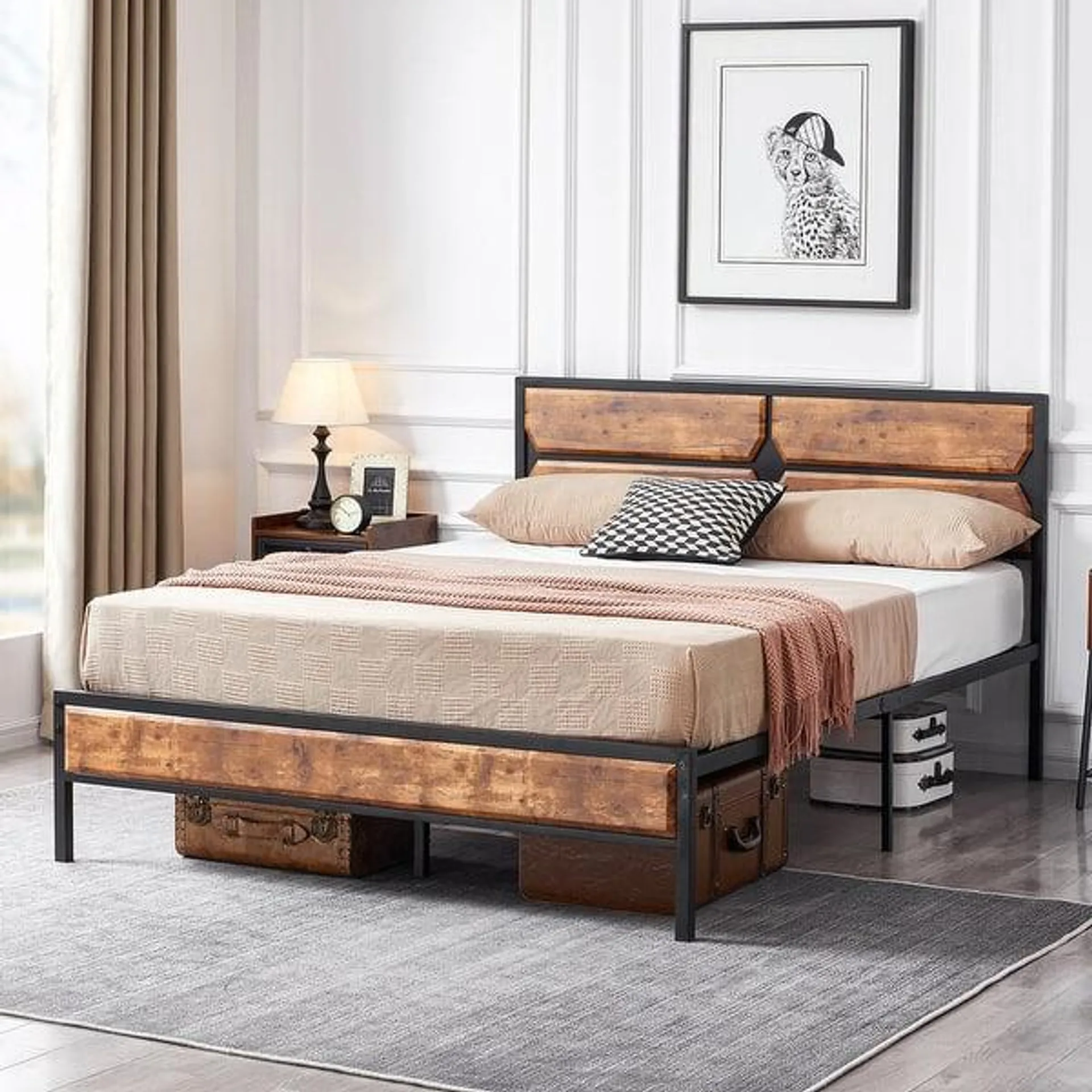 VECELO Industrial Bed Frame with Headboard,Twin/Full/Queen Size Beds