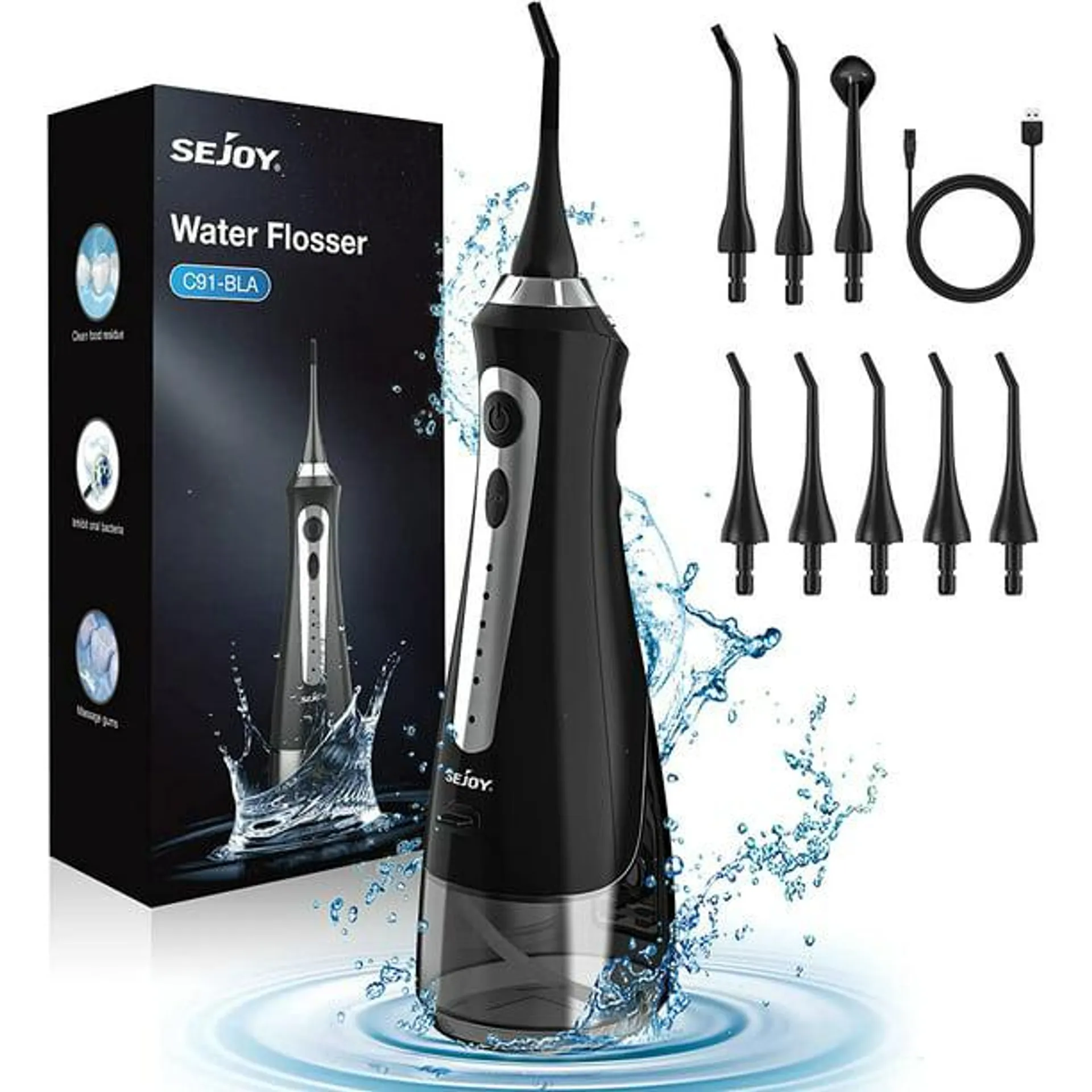 Sejoy Cordless Water Flosser, Dental Oral Irrigator, 5 Modes, 8 Jet Tips, 230ML Portable Rechargeable Waterproof Teeth Cleaner for Home and Travel