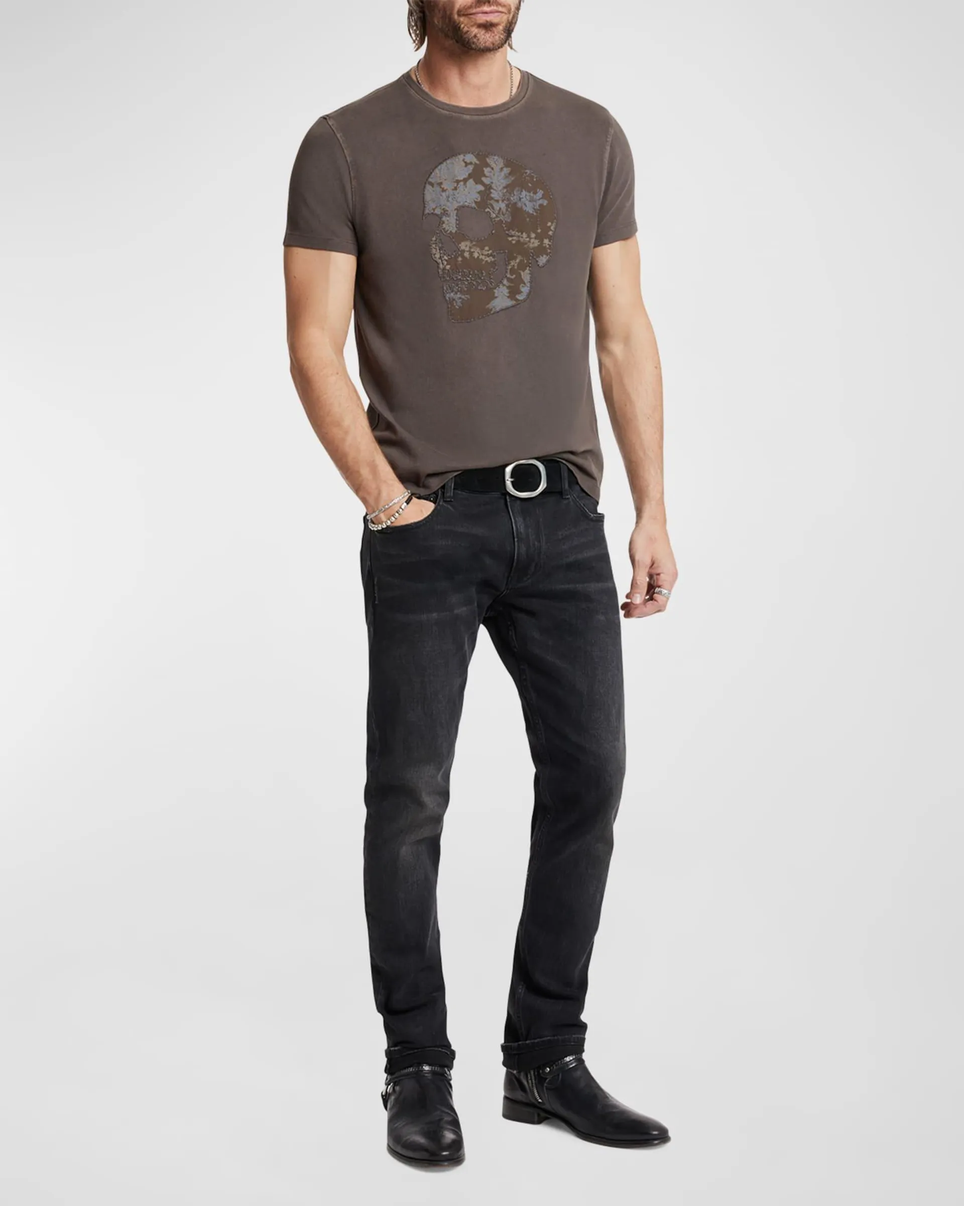 Men's Floral Skull Applique T-Shirt