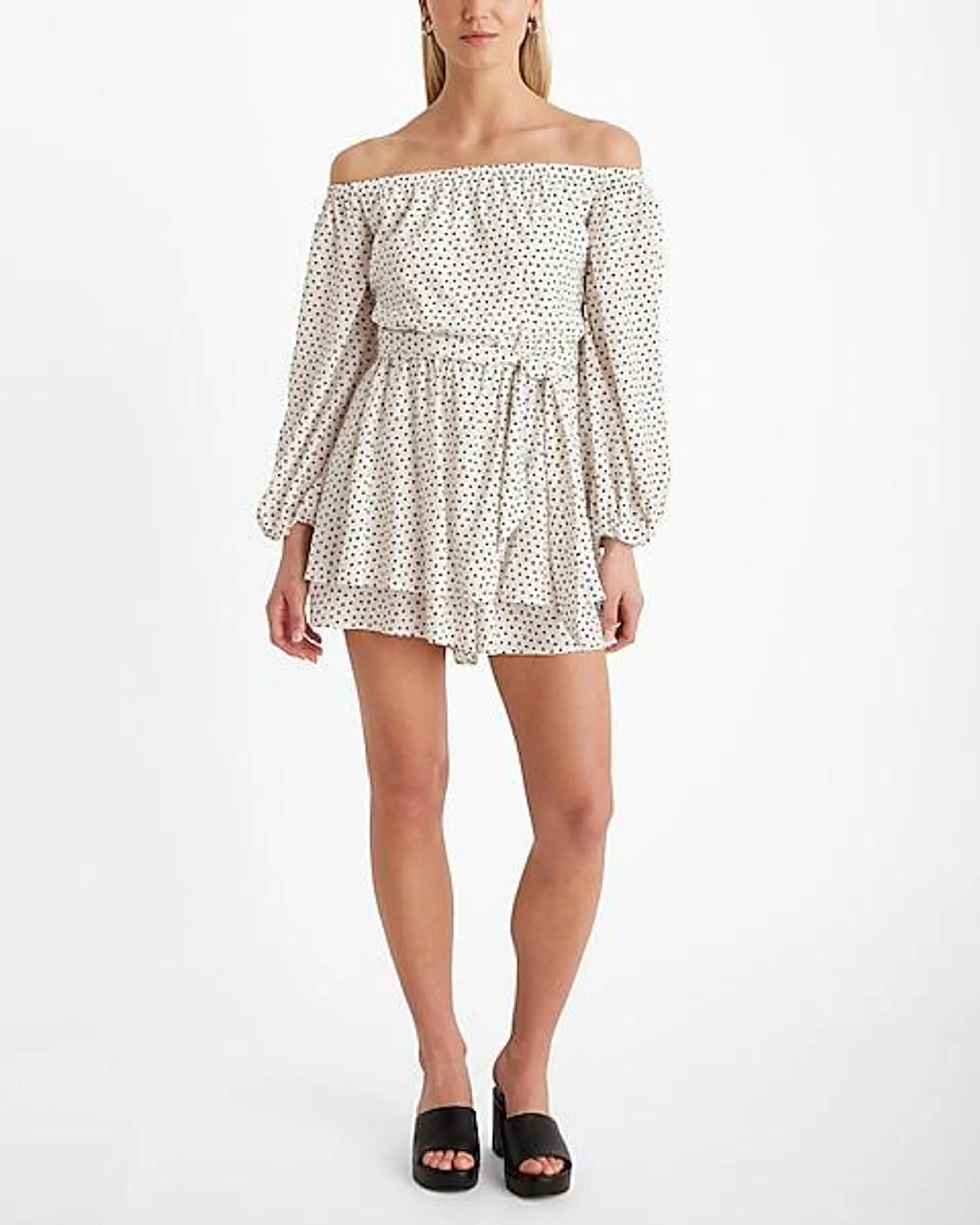 Polka Dot Off the Shoulder Long Sleeve Tie Waist Tiered Romper