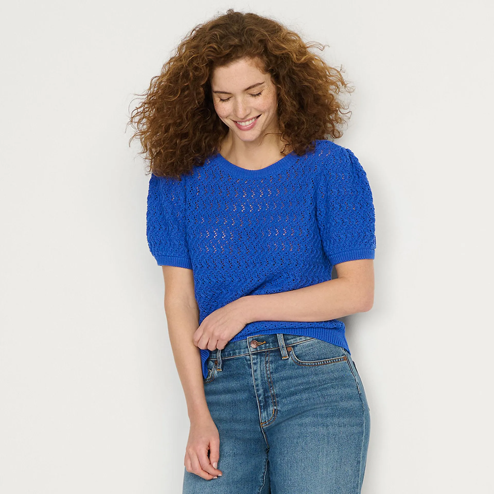 Women's Cotton Cable Puff Sleeve Crew Neck Sweater