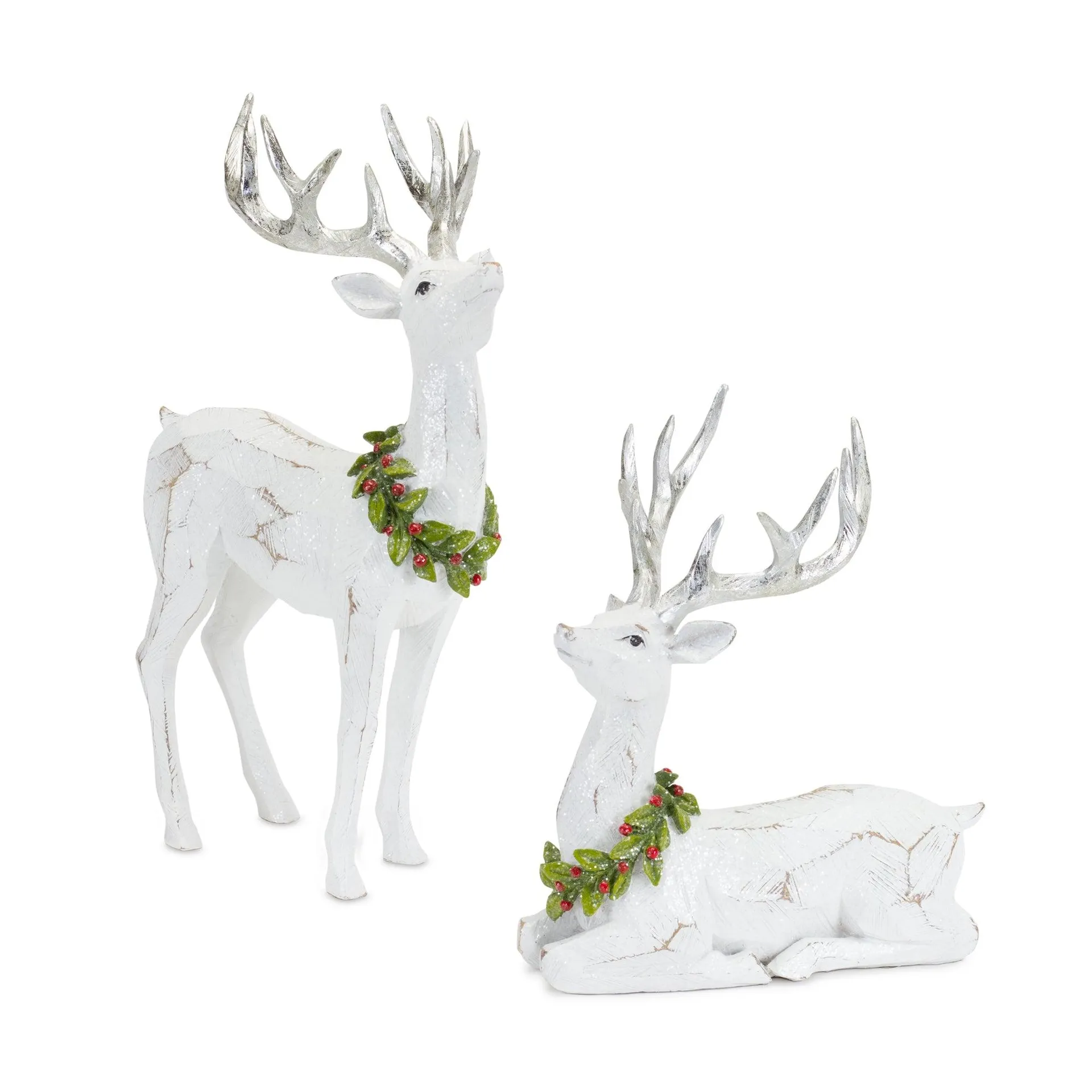 White Deer Figurine with Silver Antler and Wreath Accent, Set of 2