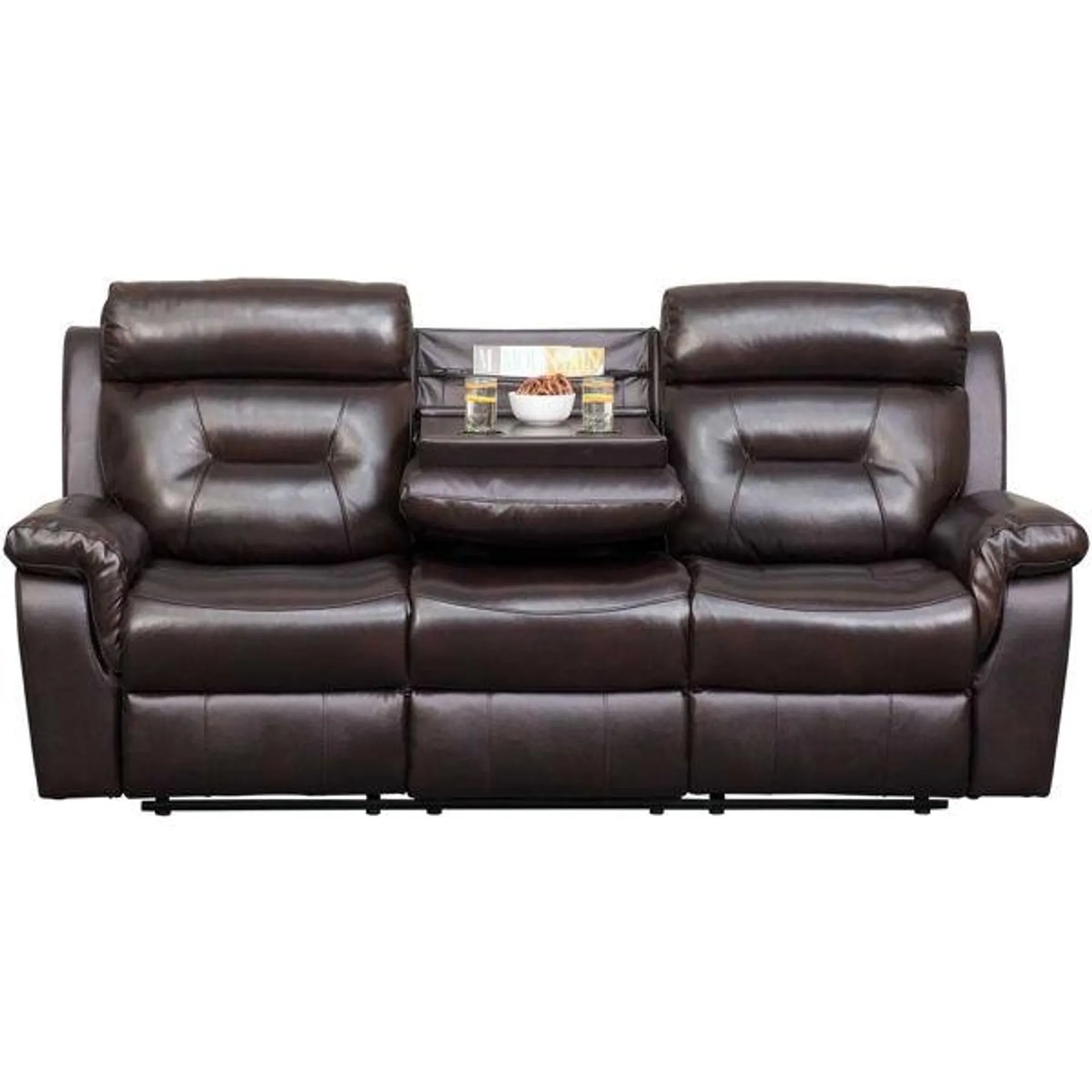 Watson Brown Leather Reclining Sofa with Drop Down Table