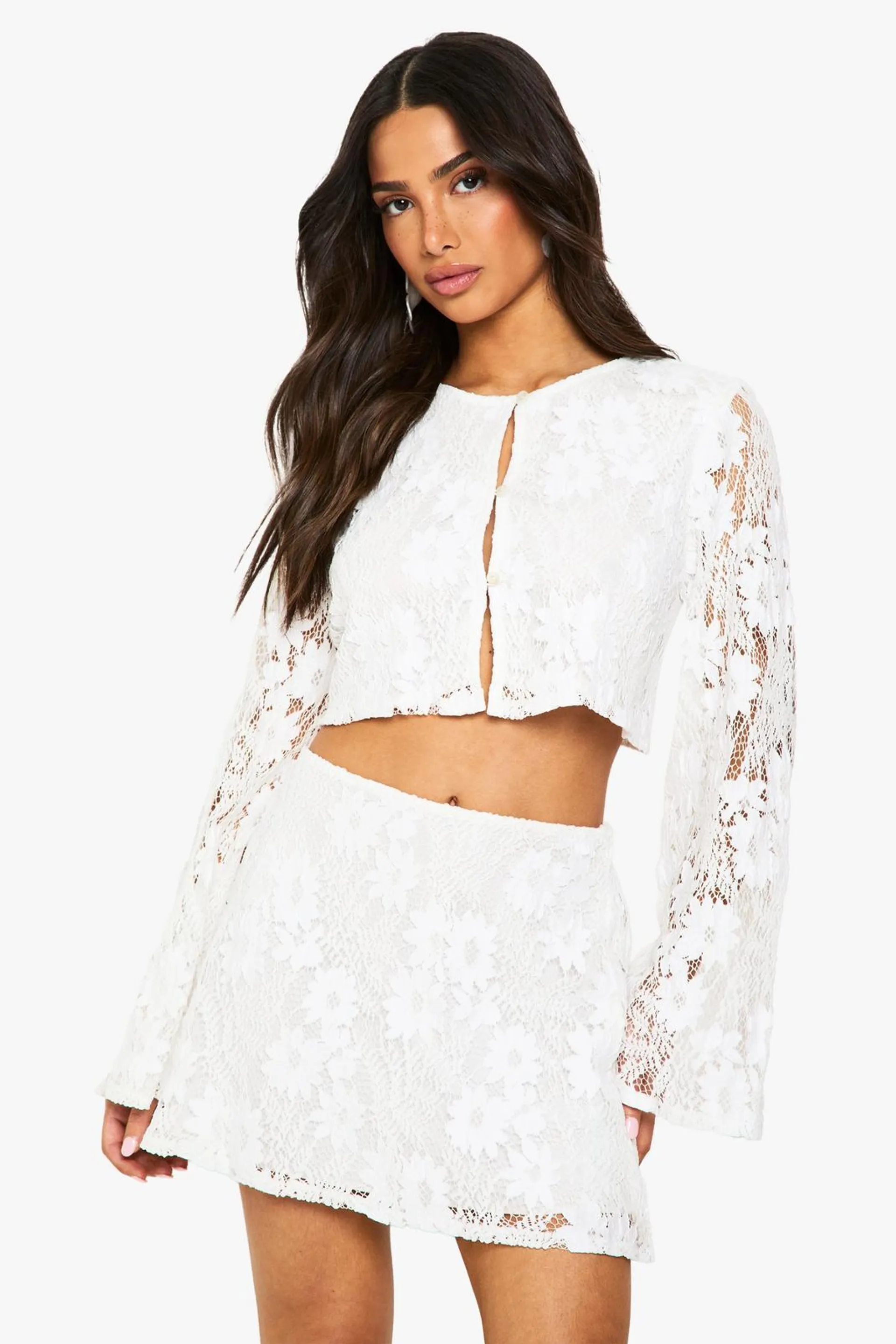 Petite Crochet Long Sleeve And Mini Skirt Co ord