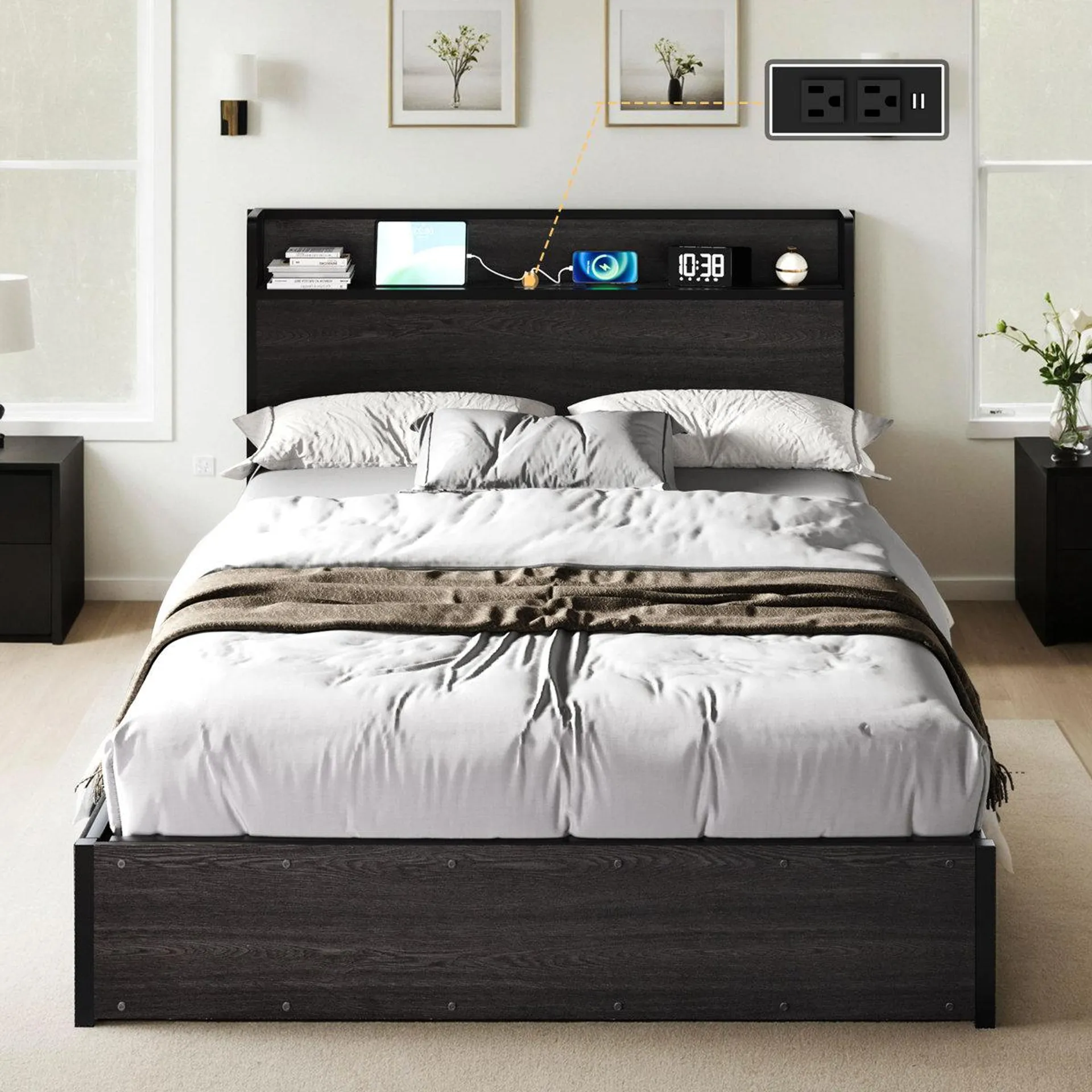 Shila Lift Up Storage Bed Frame & Charging Station