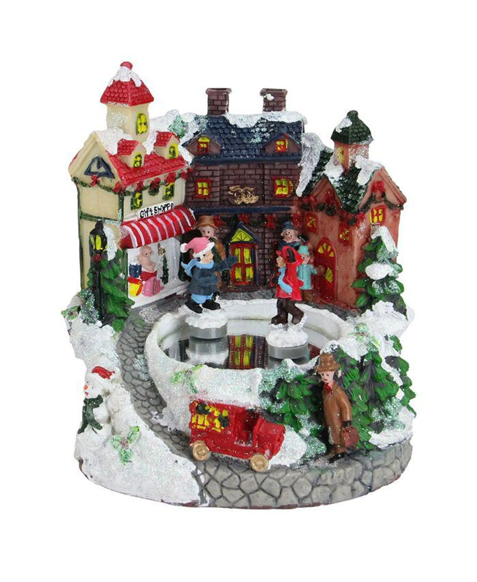 Animated Victorian Street Ice Skating Winter Scene Christmas Music Box