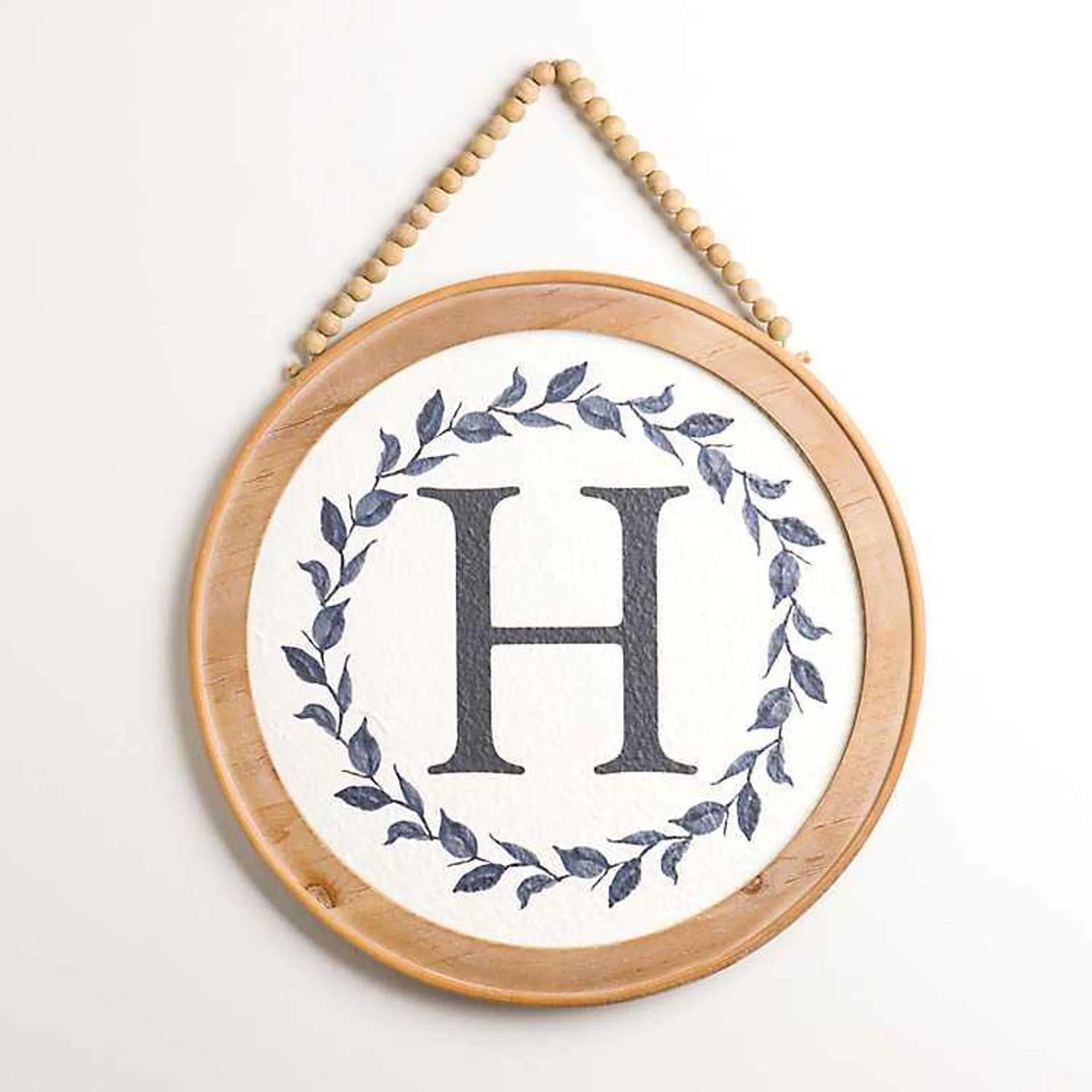 Blue Leaf Wreath Monogram H Wood Wall Plaque