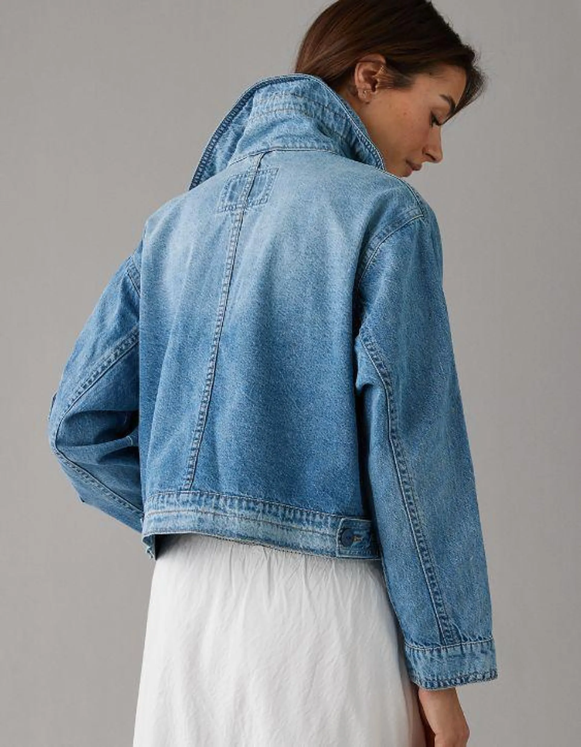 AE Dreamy Drape Stretch Cargo Cropped Denim Jacket