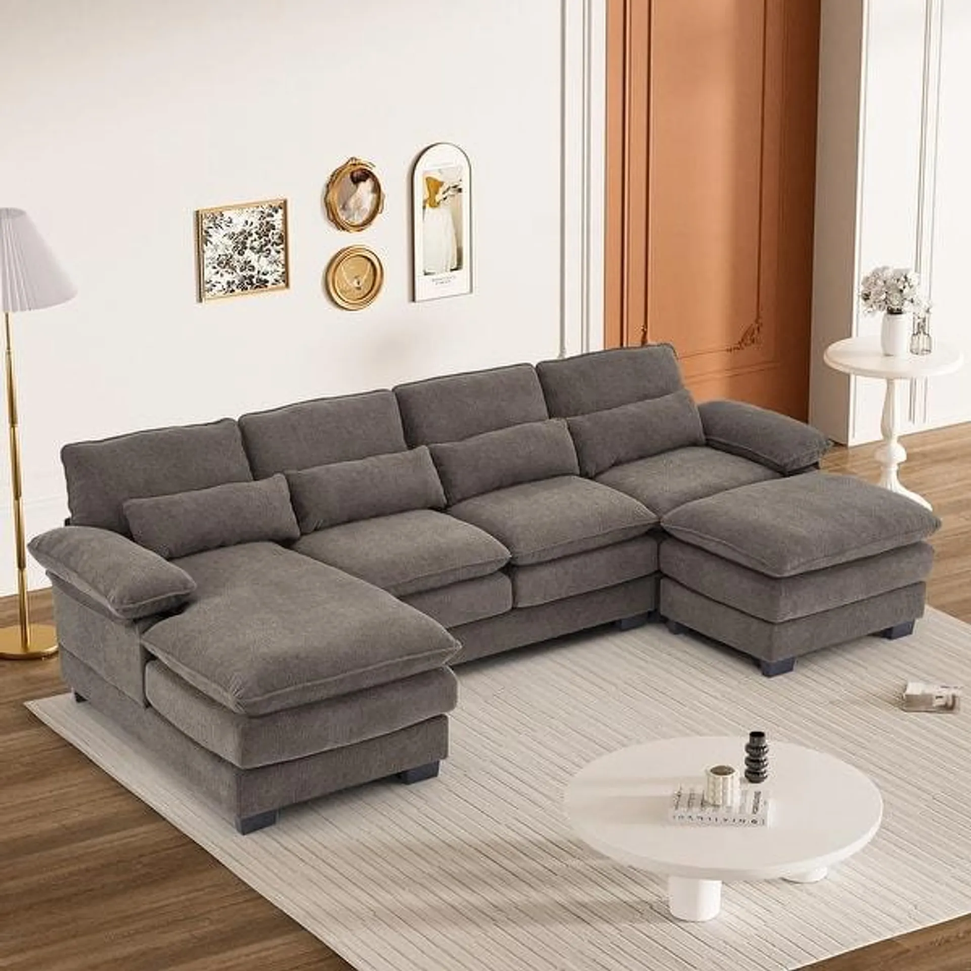 Ouyessir Soft Chenille Fabric U-shaped Sectional Sofa Set with Doudle Layer Cushion