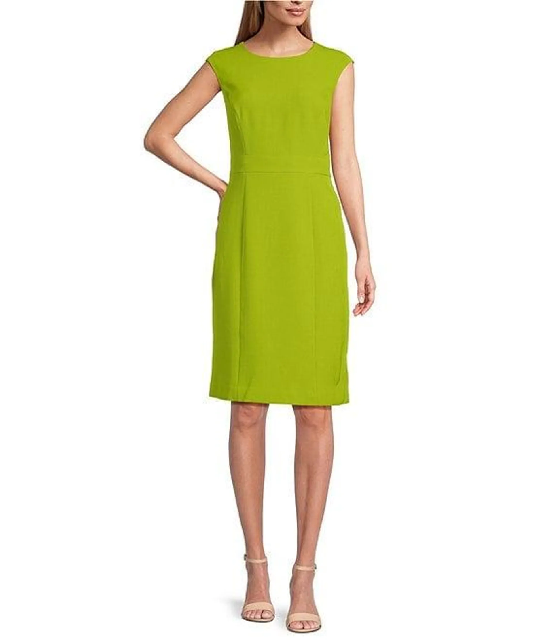 Stretch Crepe Crew Neckline Cap Sleeve Sheath Dress