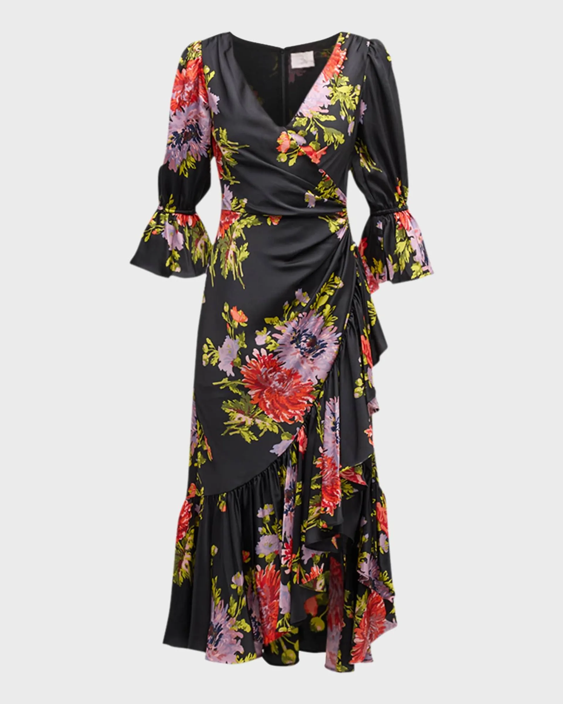 Theda Chrysanthemum-Print Faux-Wrap Midi Dress