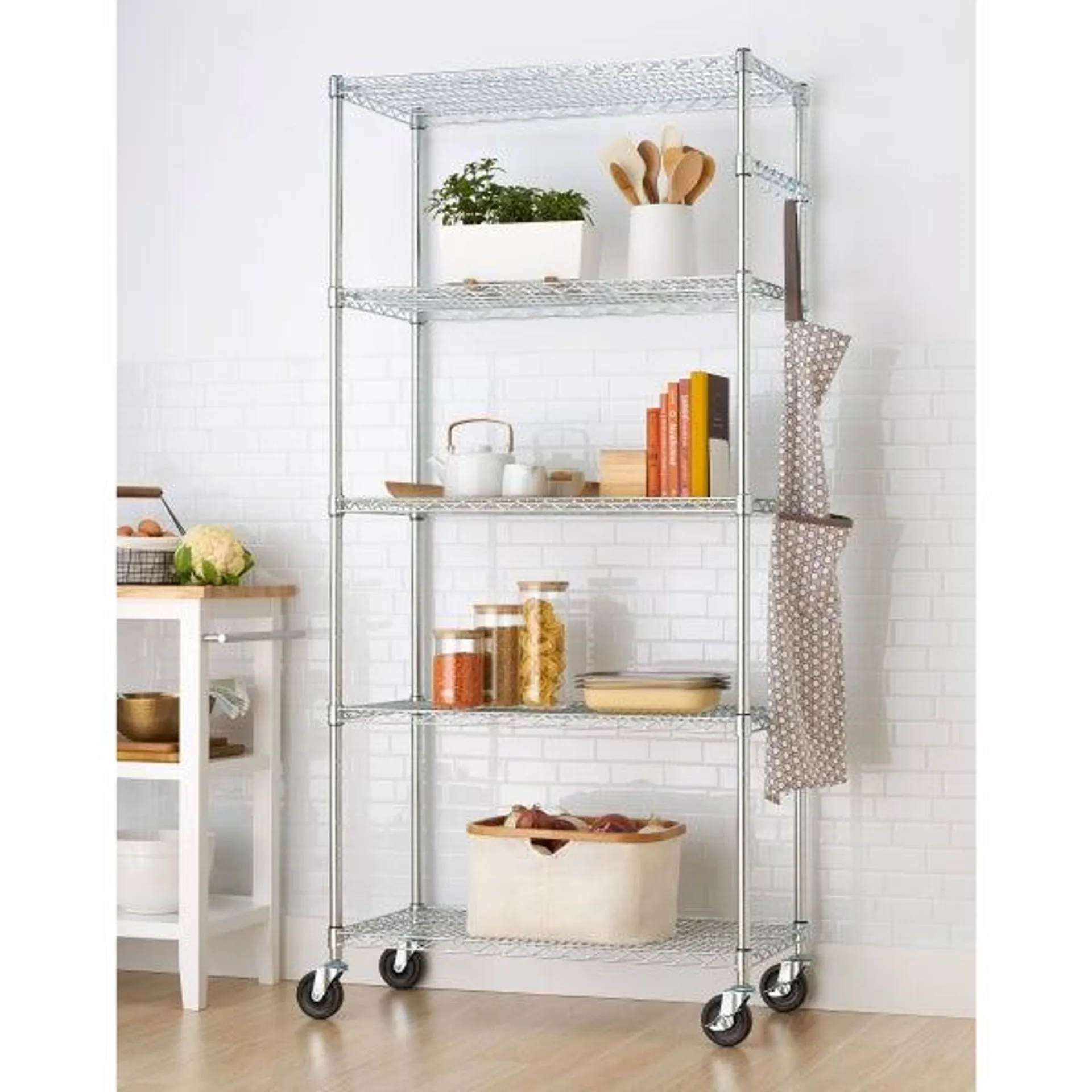 TRINITY EcoStorage 5-Tier Wire Shelving Rack with Wheels , 36" x 18" x 72" NSF, Chrome Color