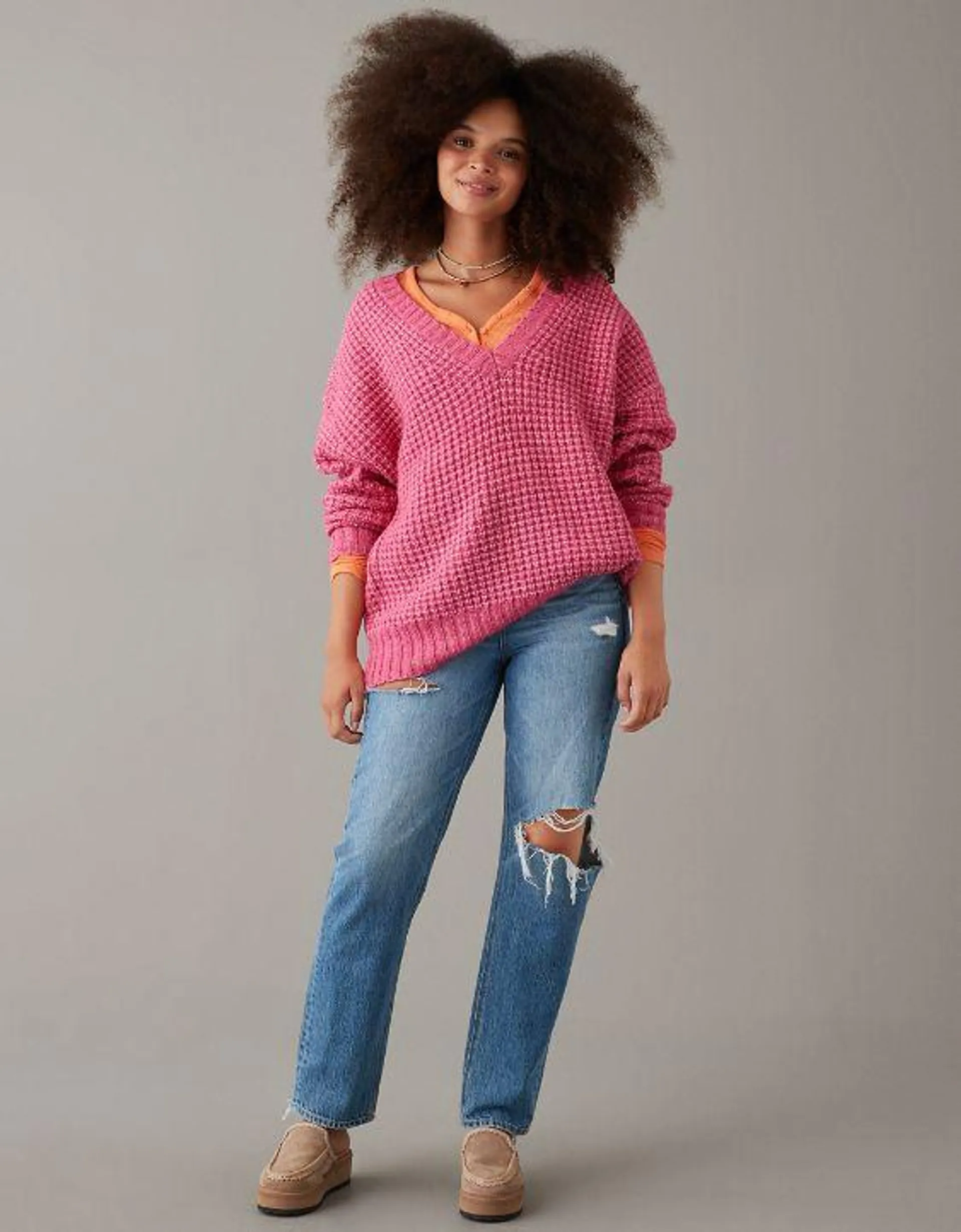 AE Whoa So Cozy Waffle V-Neck Sweater