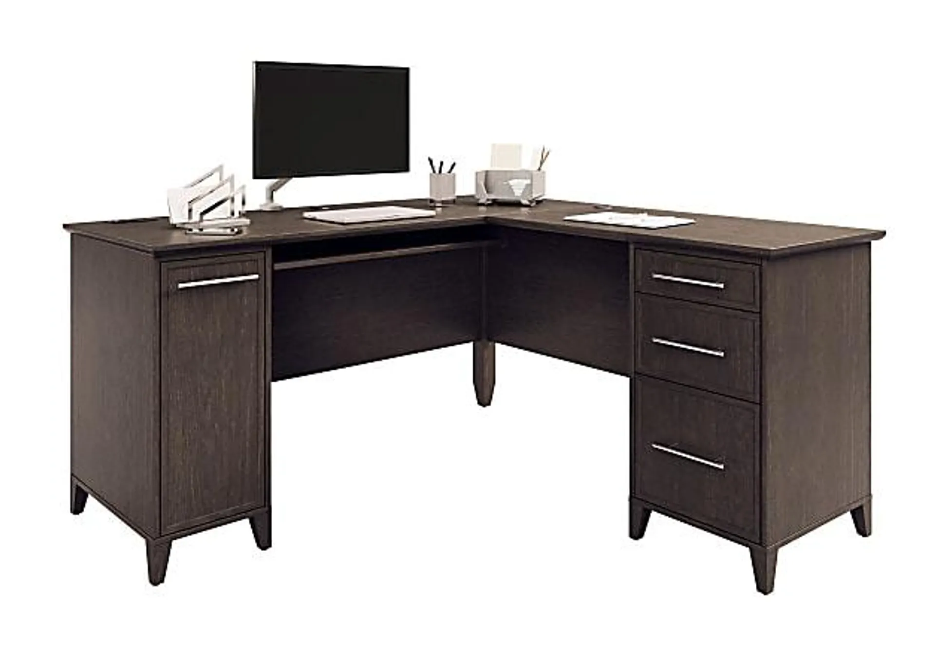 Realspace® Koru 60"W L-Shaped Corner Computer Desk With Integrated Power & Charging, Espresso Oak