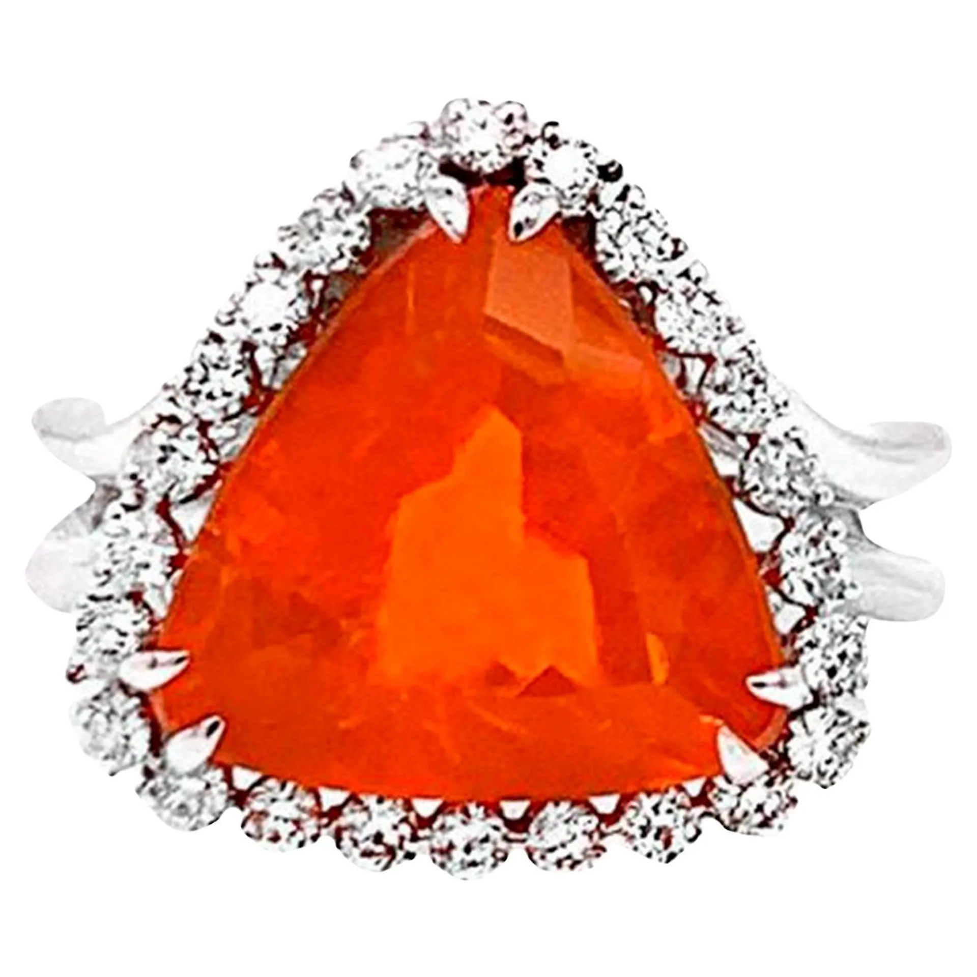 Fire Opal Ring With Diamonds 4.14 Carats 14K White Gold