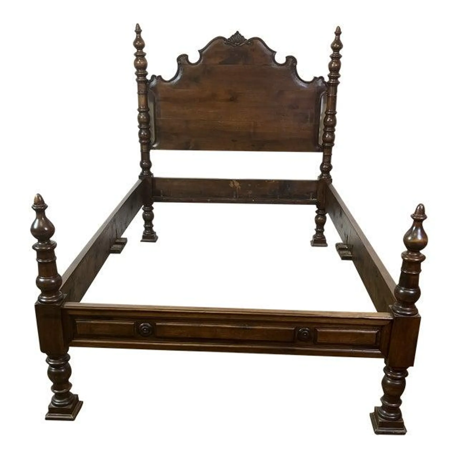 Antique Italian Twin Walnut Bed With Hand Carved Columns at Headboard and Footboard