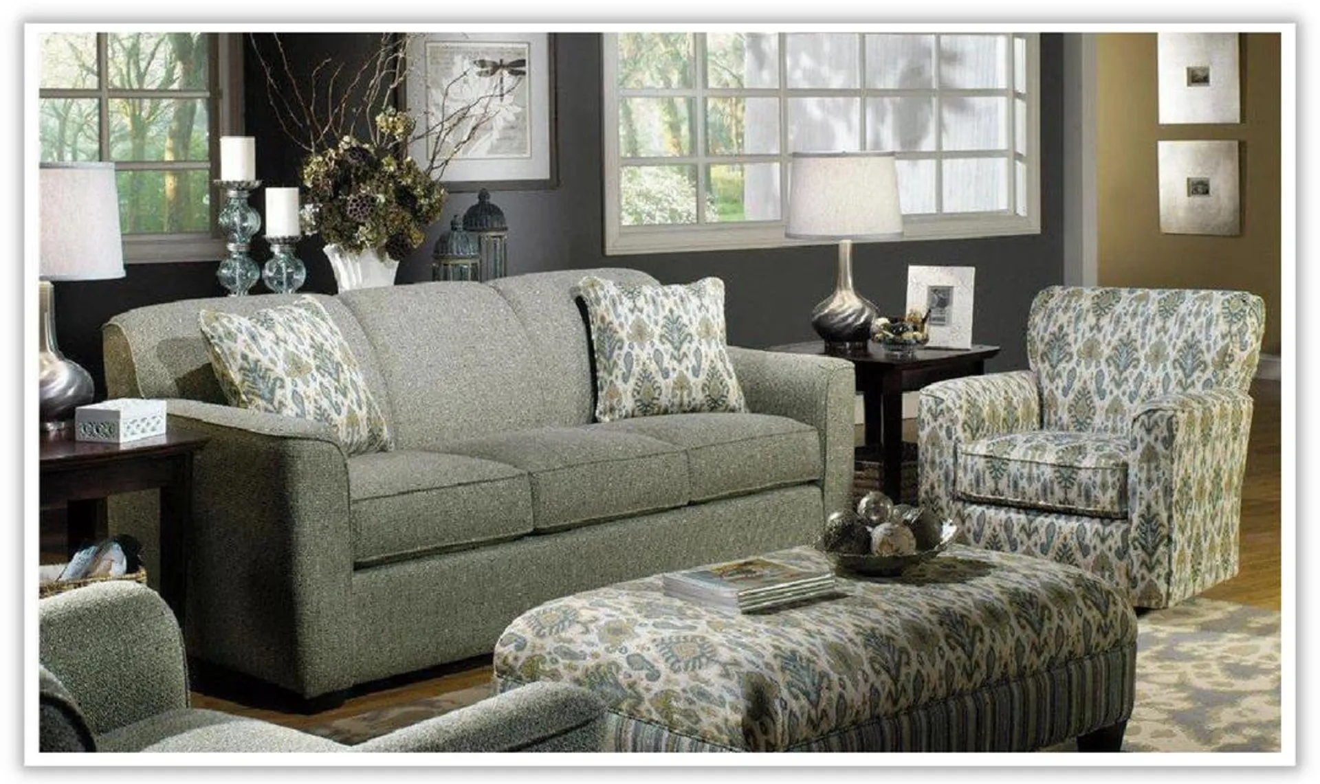 Craftmaster Stacey Gray Fabric Loveseat in Wooden Finish with 2 Pillows