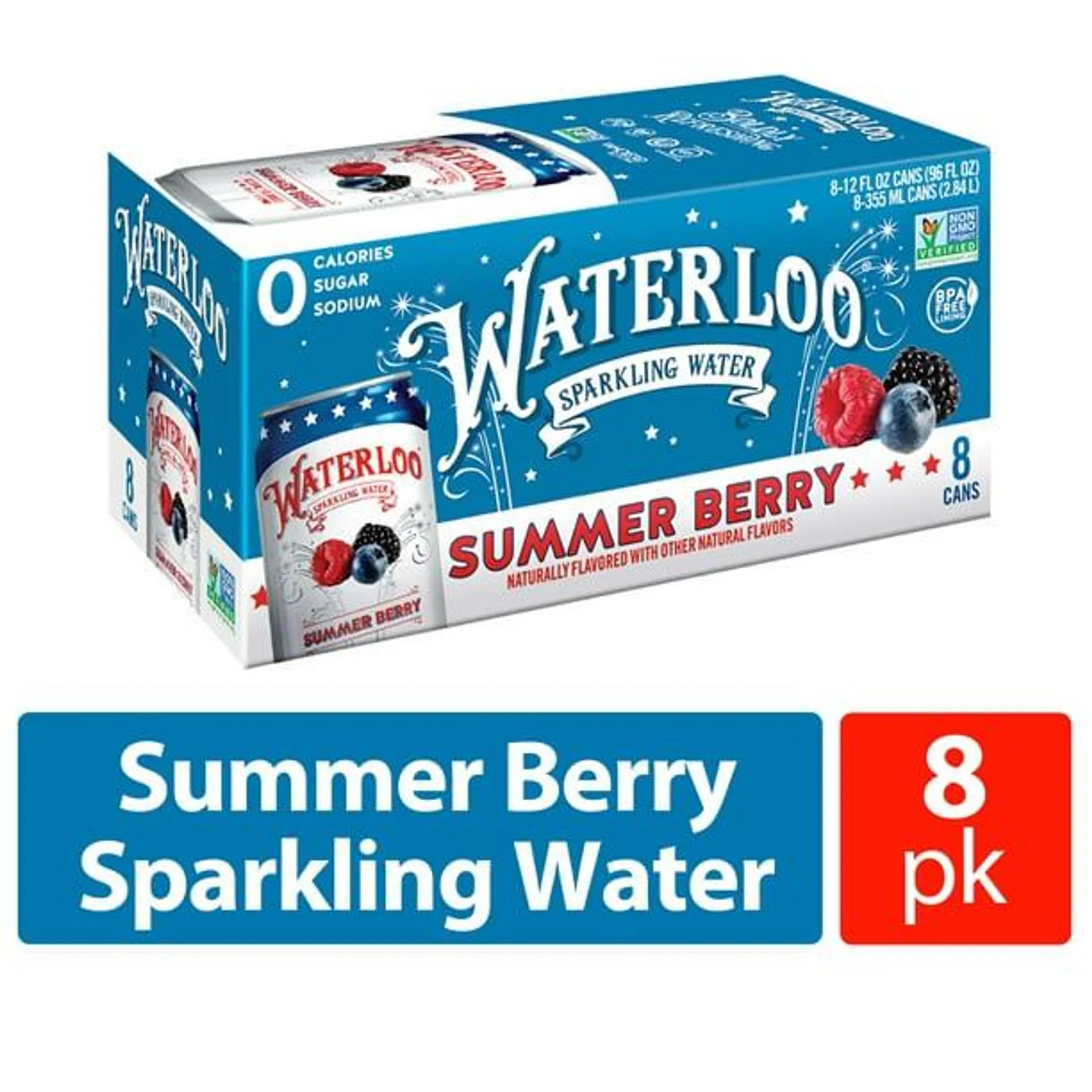 Waterloo Sparkling Water, Summer Berry, 12 fl oz, 8 Pack Cans