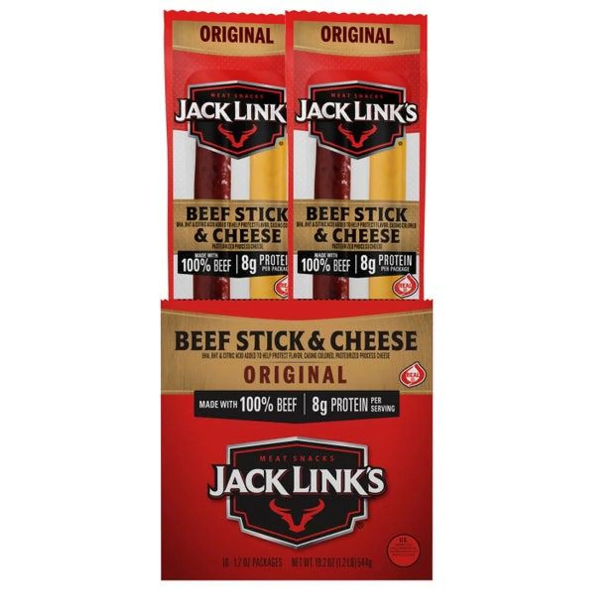 Jack Link's All American Beef Stick, Beef & Cheese, 1.2 oz, 16-count