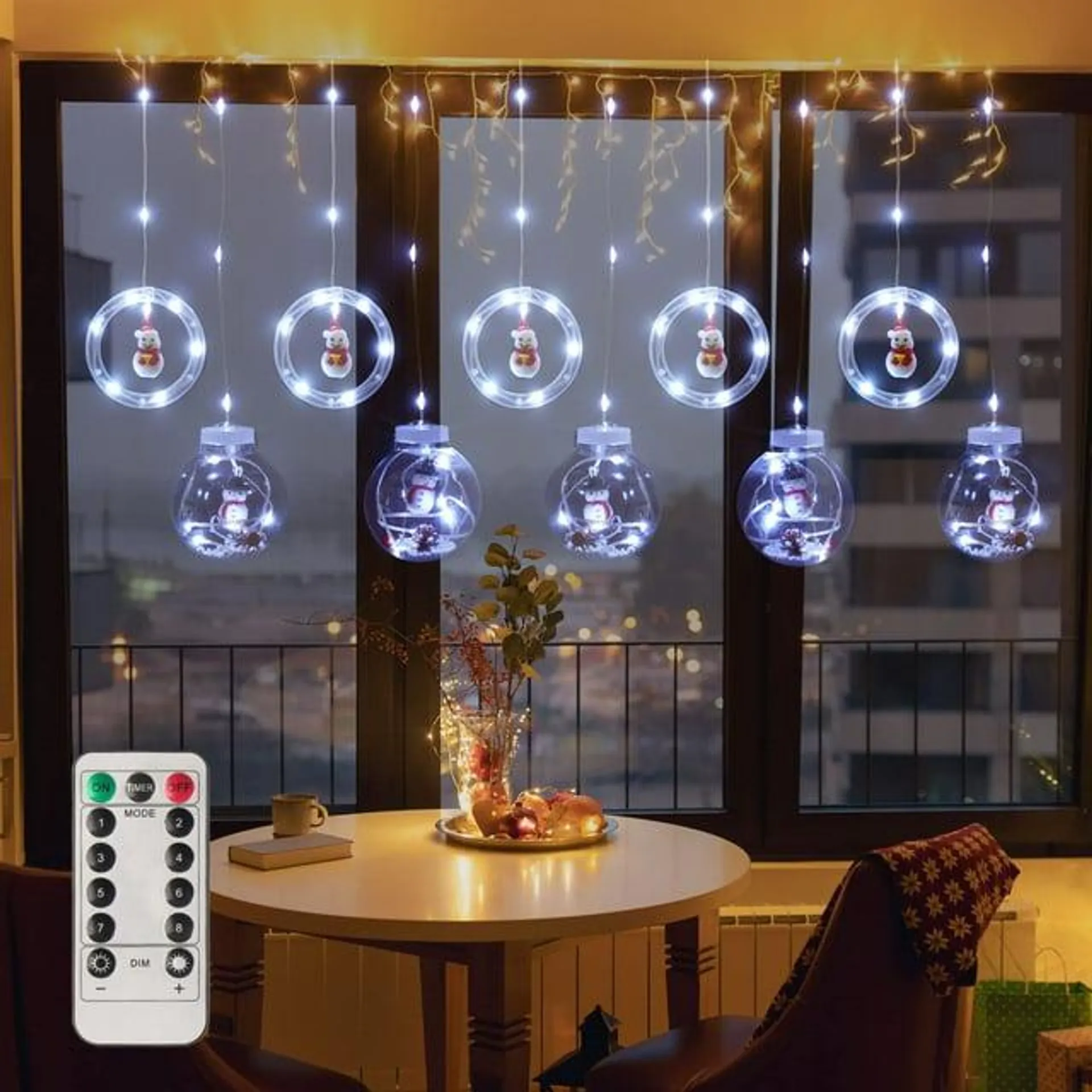 Christmas Window Hanging Lights Decorations，Fairy Curtain Lights with Snowman Toys LED String Lights with Remote Timer for Wedding Party Bedroom Decor USB 10FT Cold White