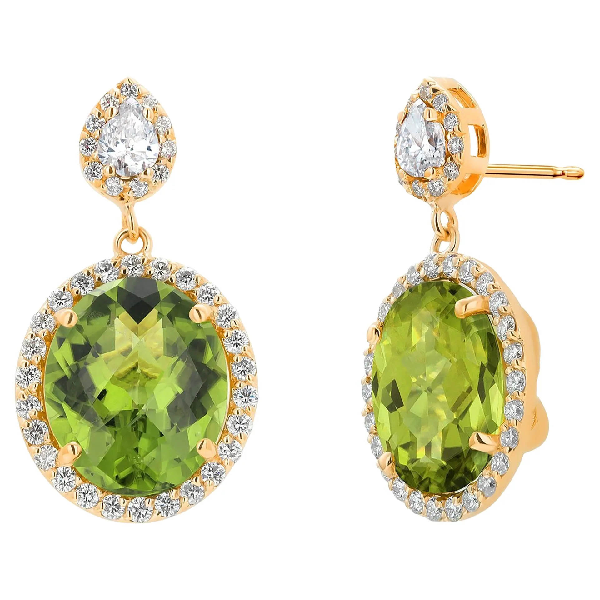 Peridot 13.10 Carat Pear Diamonds 1.75 Carat Halo 1.10 Inch Long Gold Earrings