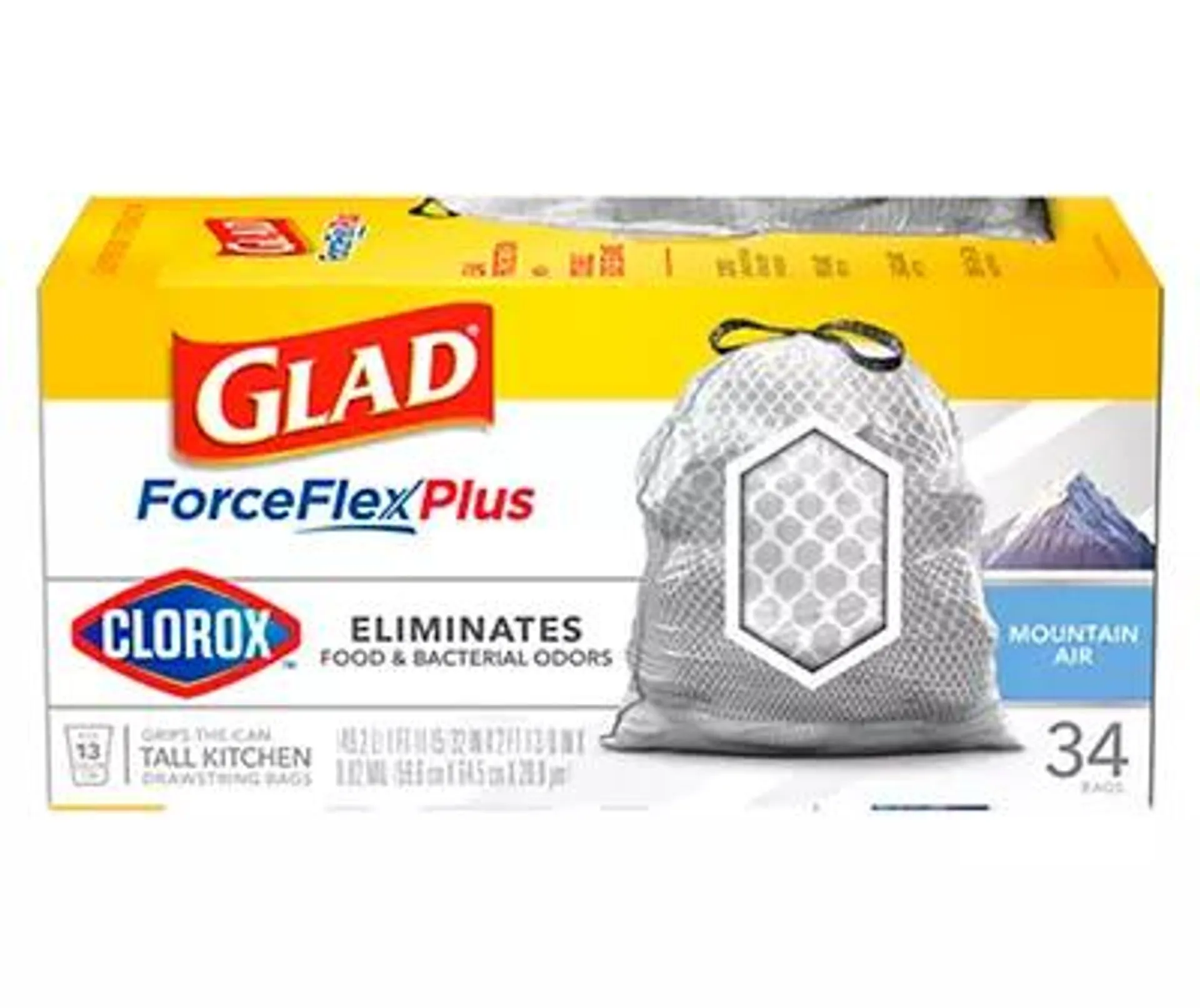 ForceFlex Plus 13-Gallon Mountain Air Scent Drawstring Trash Bags With Clorox, 34-Count