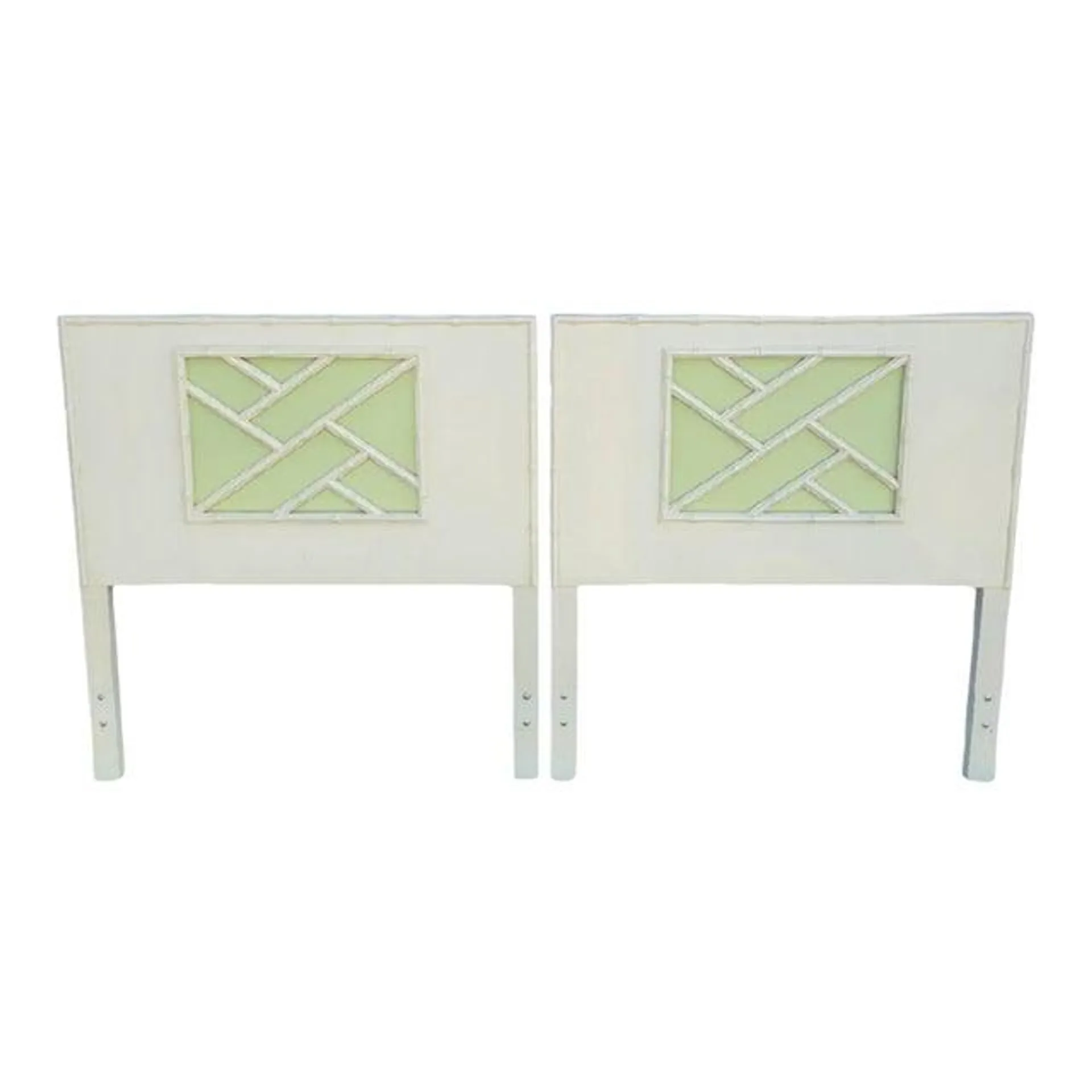 1970's Vintage Omega Chippendale Cream Celery Green Faux Bamboo Palm Beach Regency Twin Headboards- a Pair