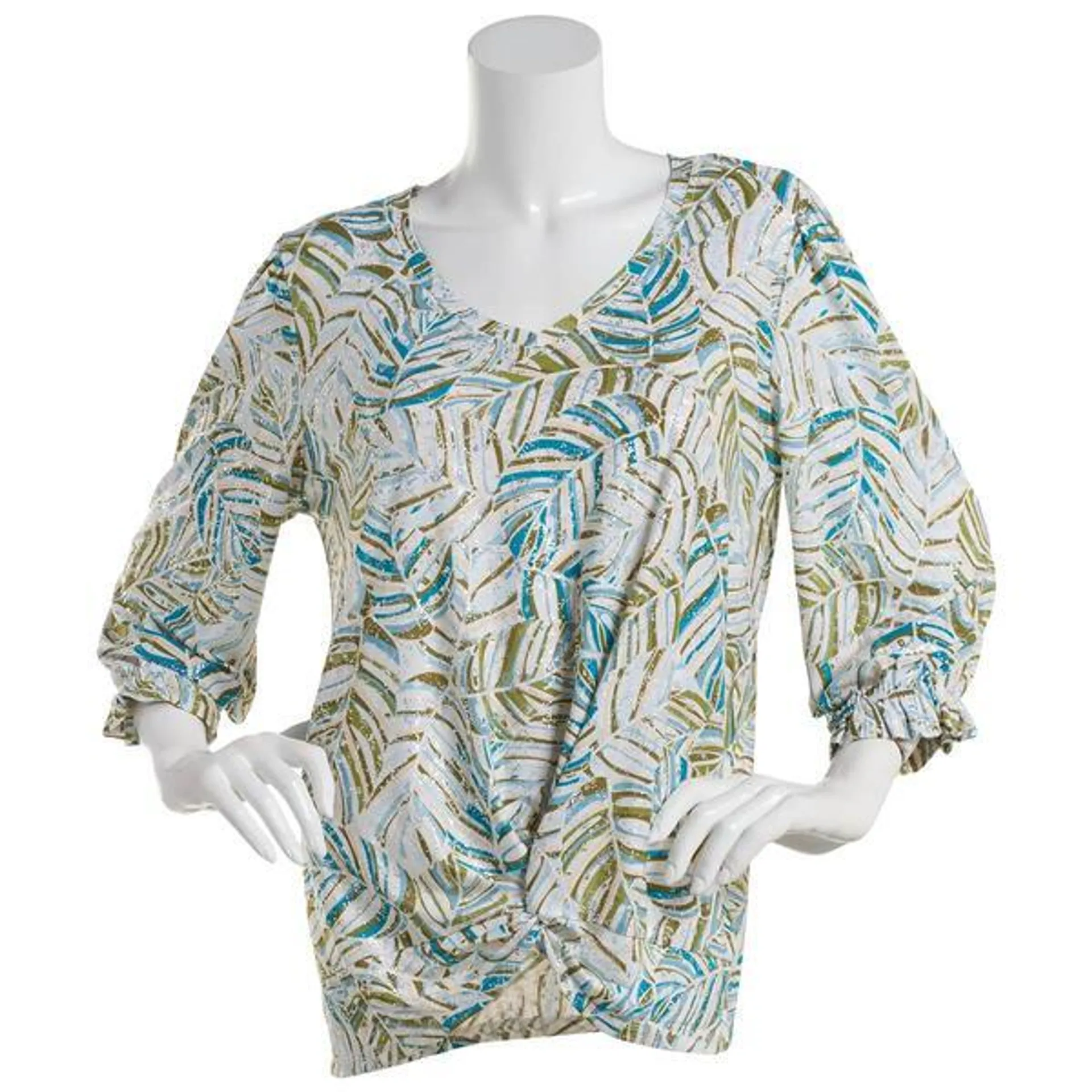 Petite Emily Daniels V-Neck Foil Specks Twist Front Palm Blouse