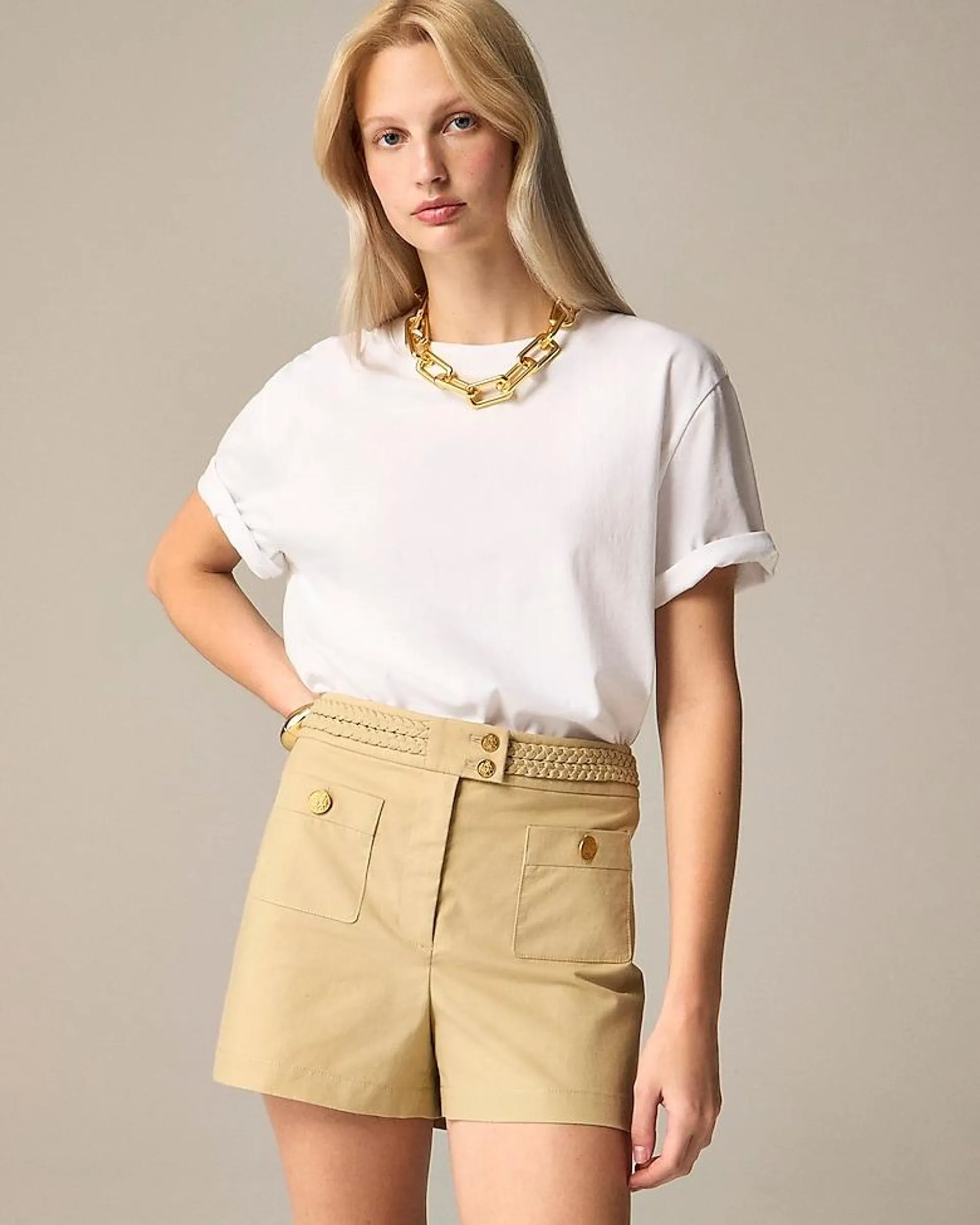 Cotton-blend mini short with braided trim