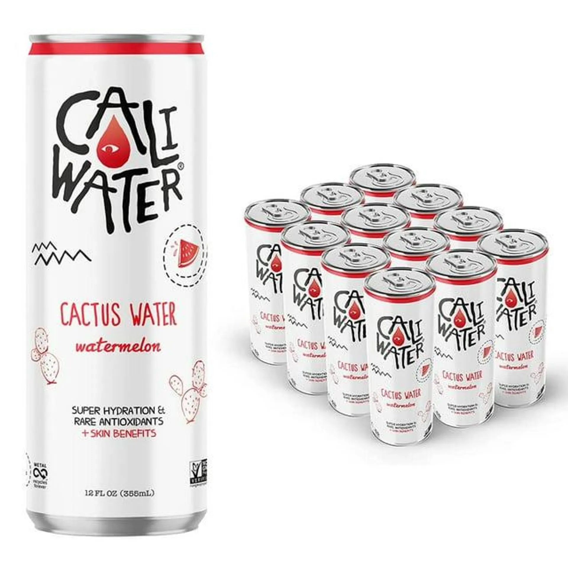 Caliwater Organic Watermelon Nopal Cactus Water: Plant-Based, Non-GMO, Non-Carbonated, Allergens Not Contained