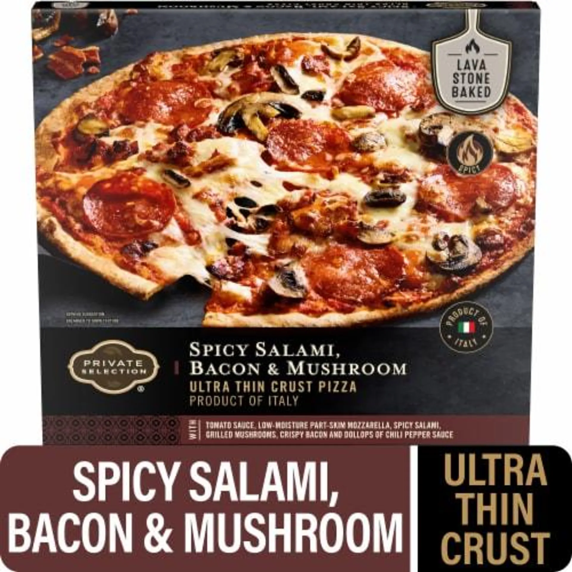 Private Selection® Spicy Salami Bacon & Mushroom Ultra Thin Crust Frozen Pizza