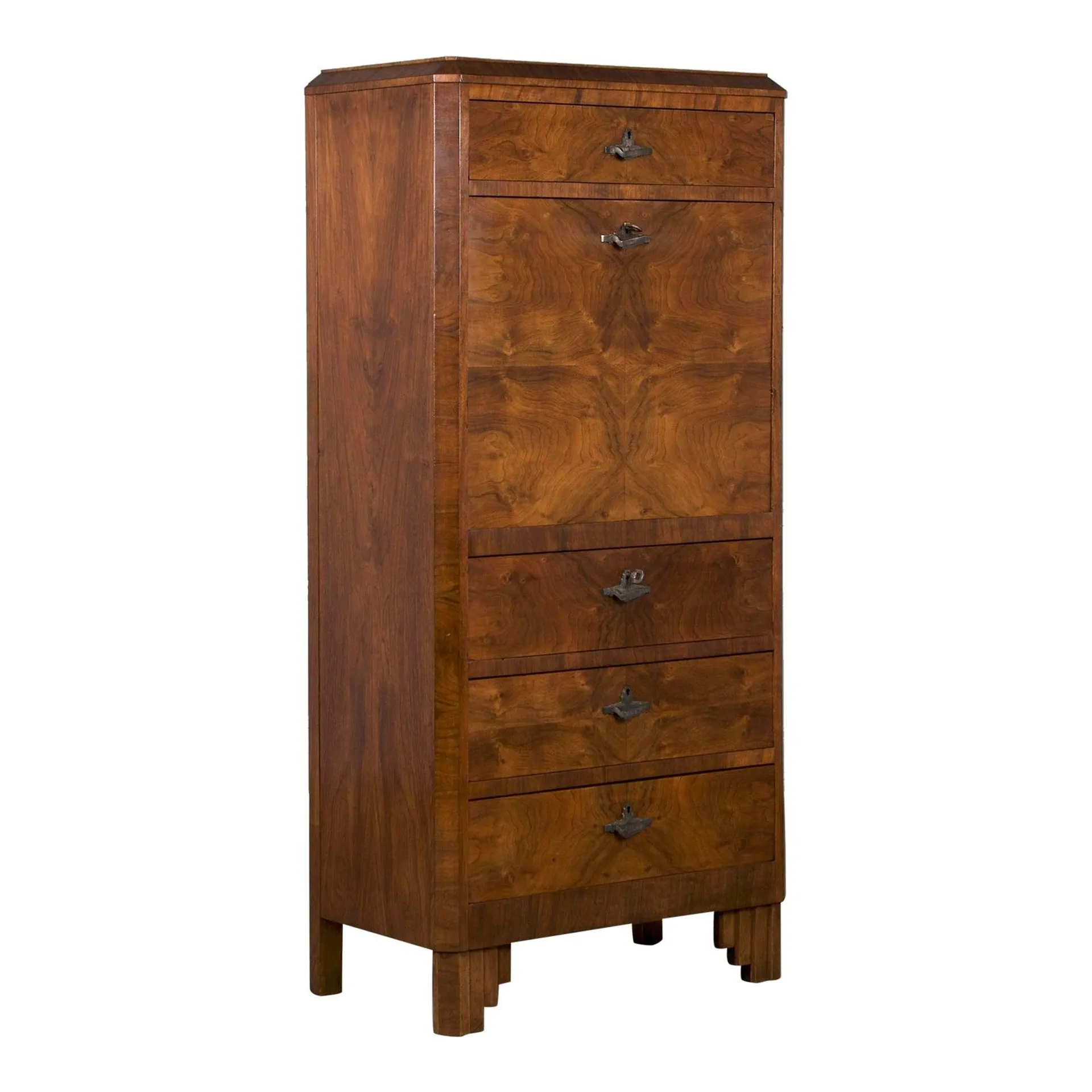 1930s French Art Deco Burl Walnut Secretary Desk Cabinet