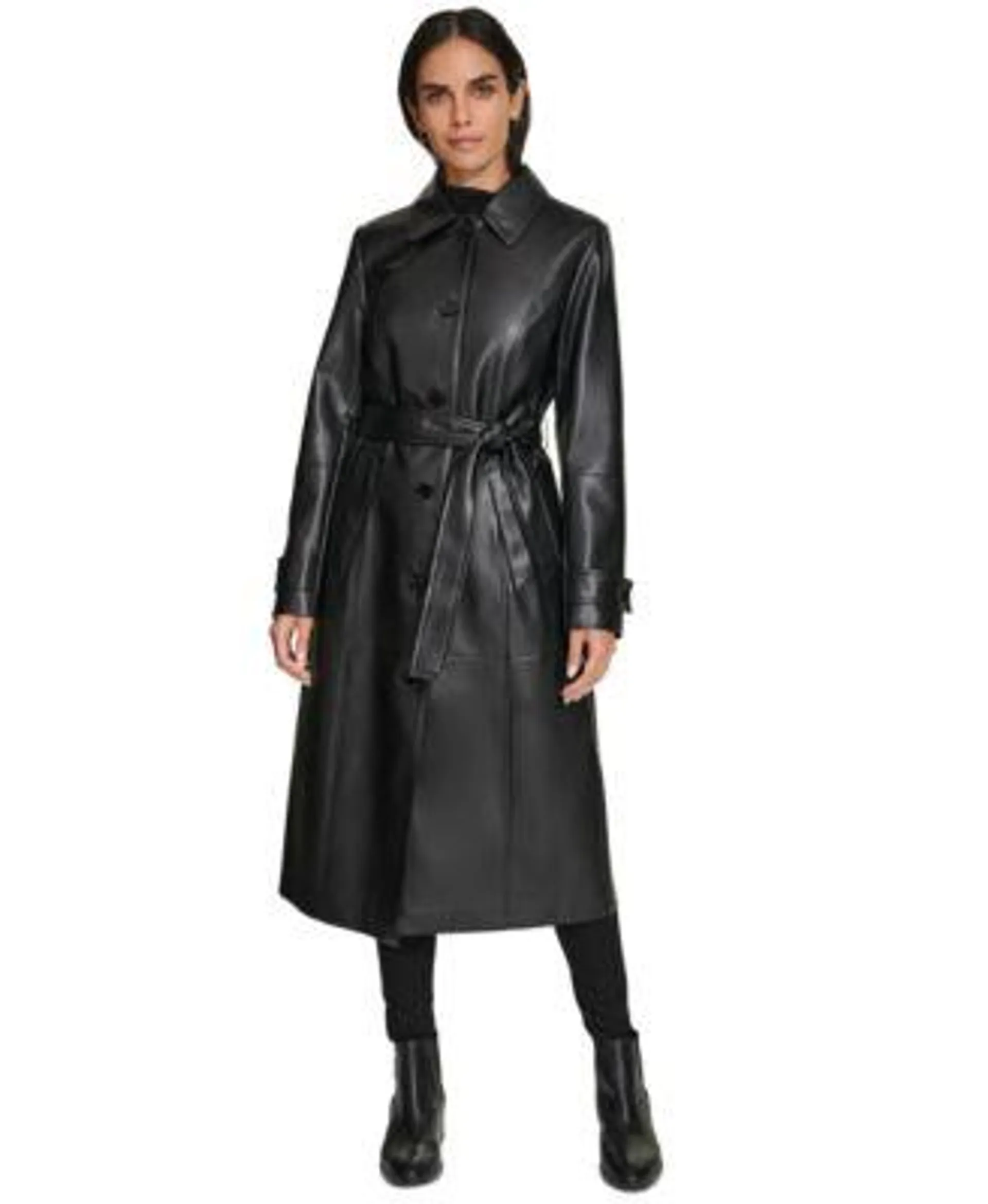 Women's Belted Faux-Leather Trench Coat