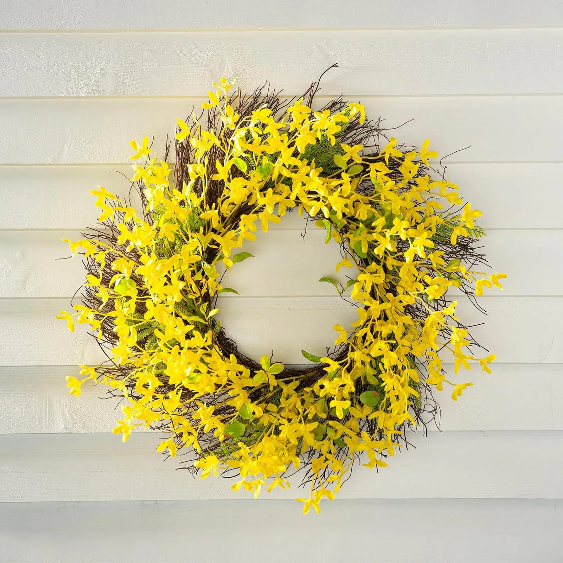 Faux Forsythia Wreath on Rattan Base