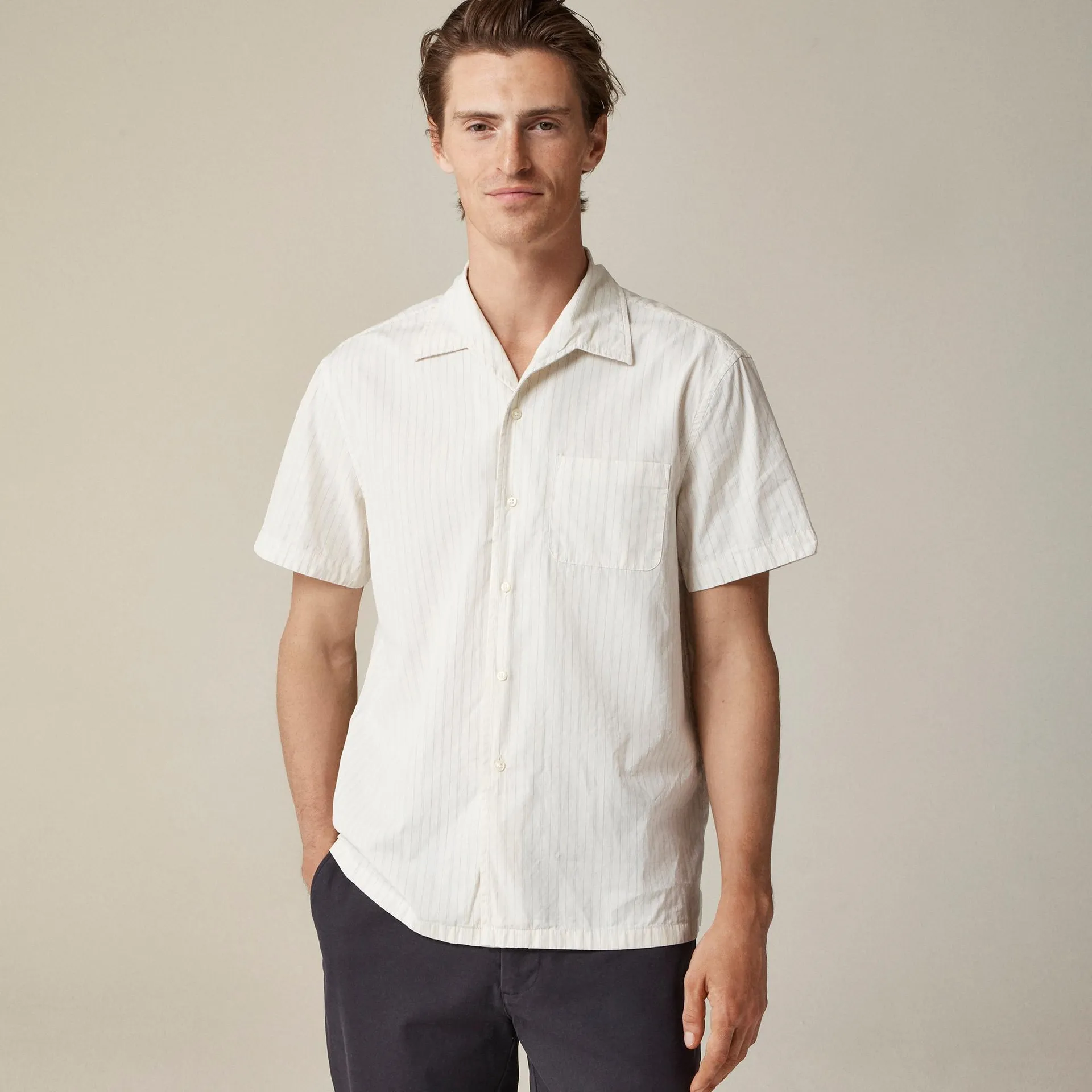 Short-sleeve Secret Wash cotton poplin camp-collar shirt