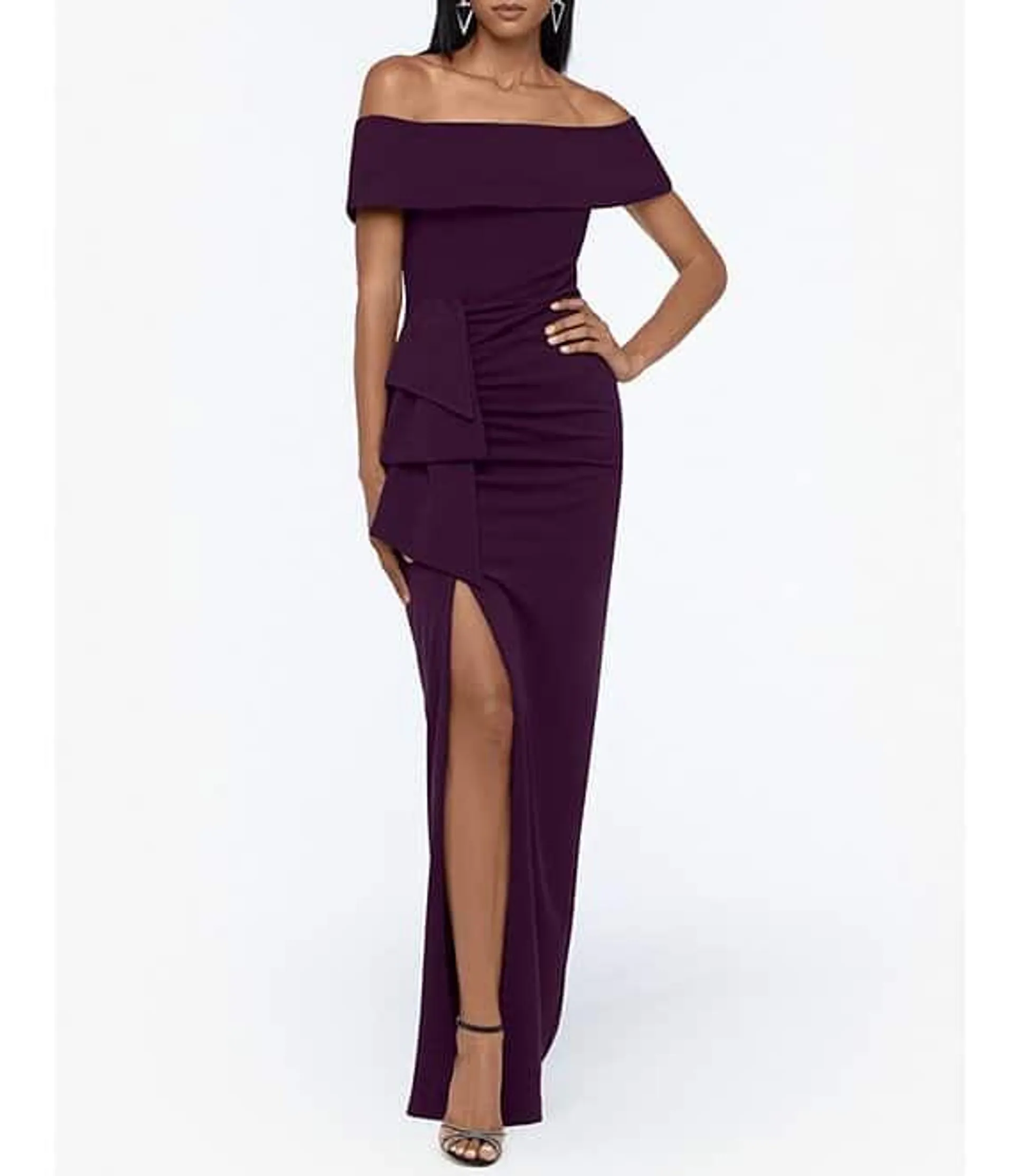 Off-the-Shoulder Ruched Ruched Waist Scuba Crepe Thigh High Slit Gown