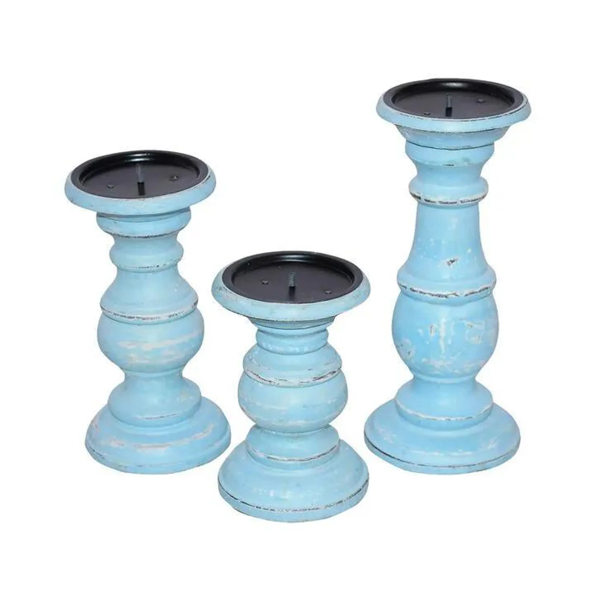 Wooden Candleholder with Turned Pedestal Base, Set of 3, Distressed Blue-Benzara