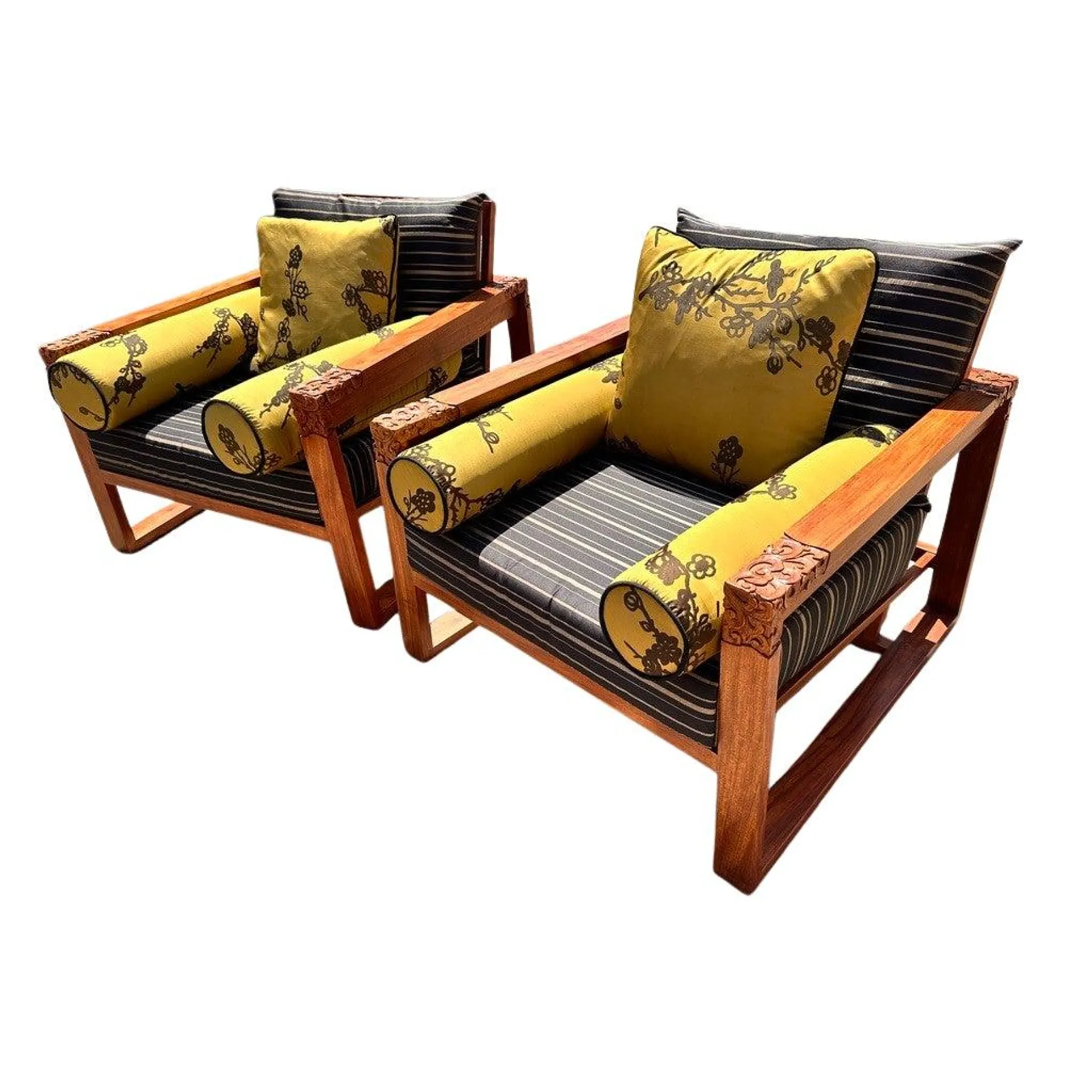 Contemporary Asian Inspired Wood & Silk Custom Armchairs- a Pair