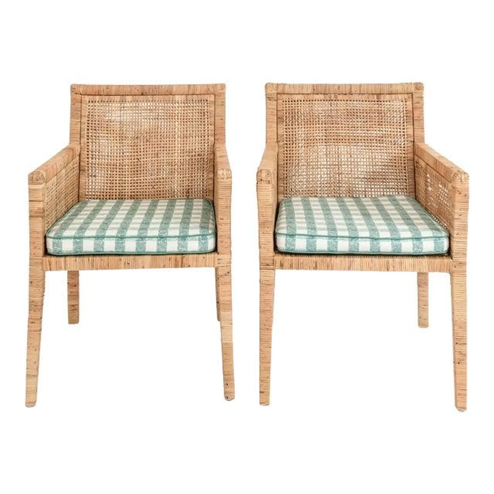 Set of 2 Parson Style Woven Rattan Chairs With Palm Orleans Painter's Gingham in Lake Worth Lagoon Fabric