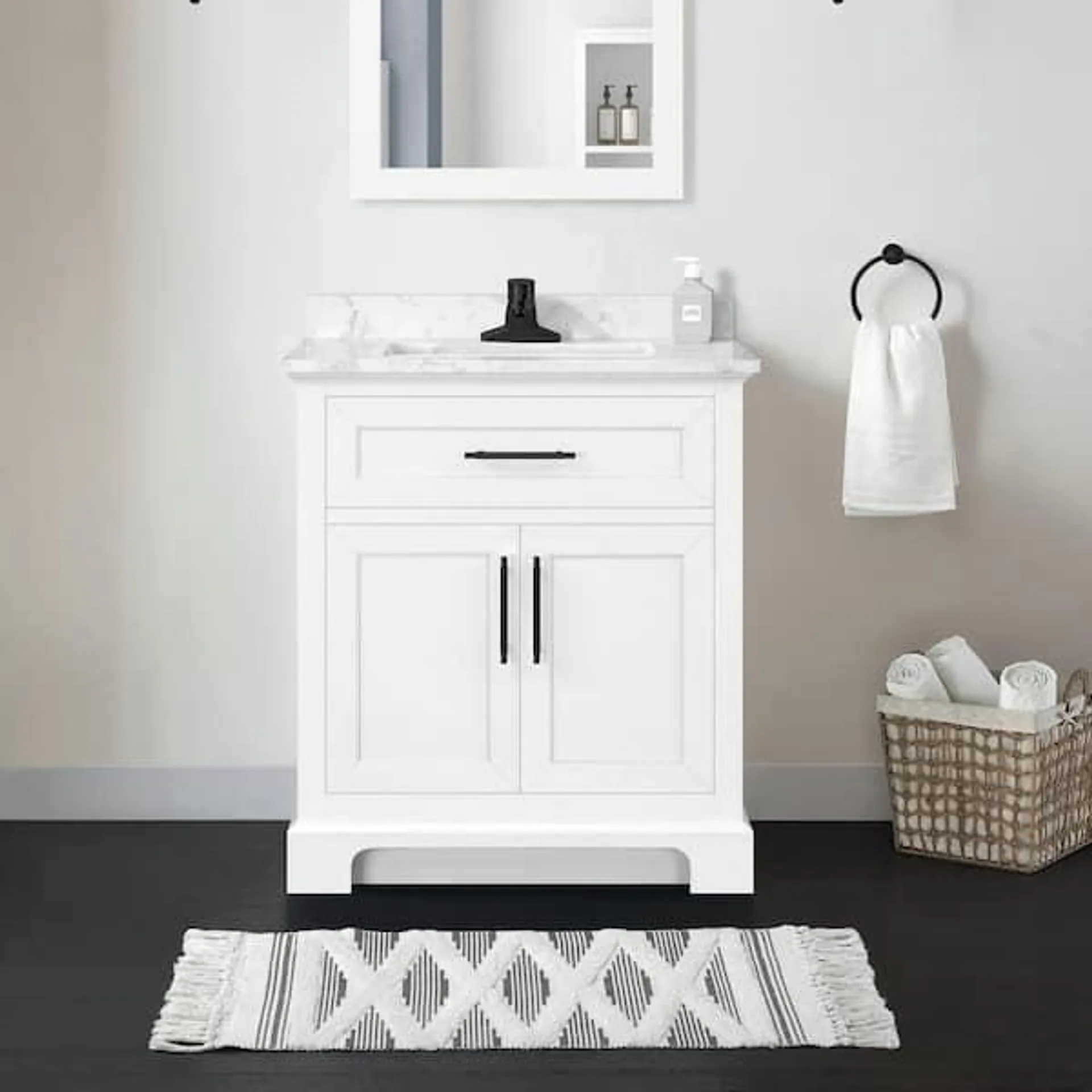 Doveton 30 in. Single Sink Freestanding White Bath Vanity with White Engineered Marble Top (Fully Assembled)