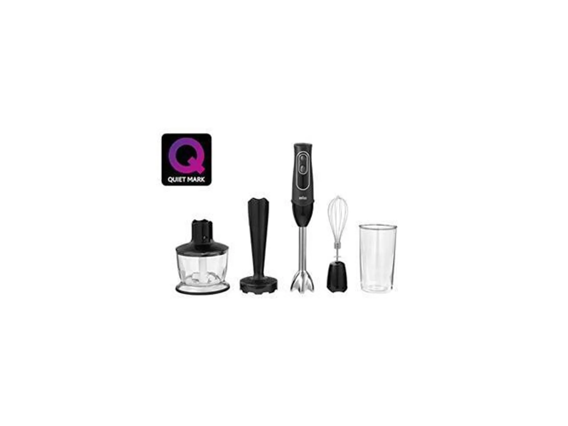 4-in-1 Immersion Hand Blender, Powerful 350W Stainless Steel Stick Blender, Multi-Speed + 2-Cup Food Processor, Whisk, Beaker, Masher,, Easy to Clean, Black, MultiQuick MQ537BK