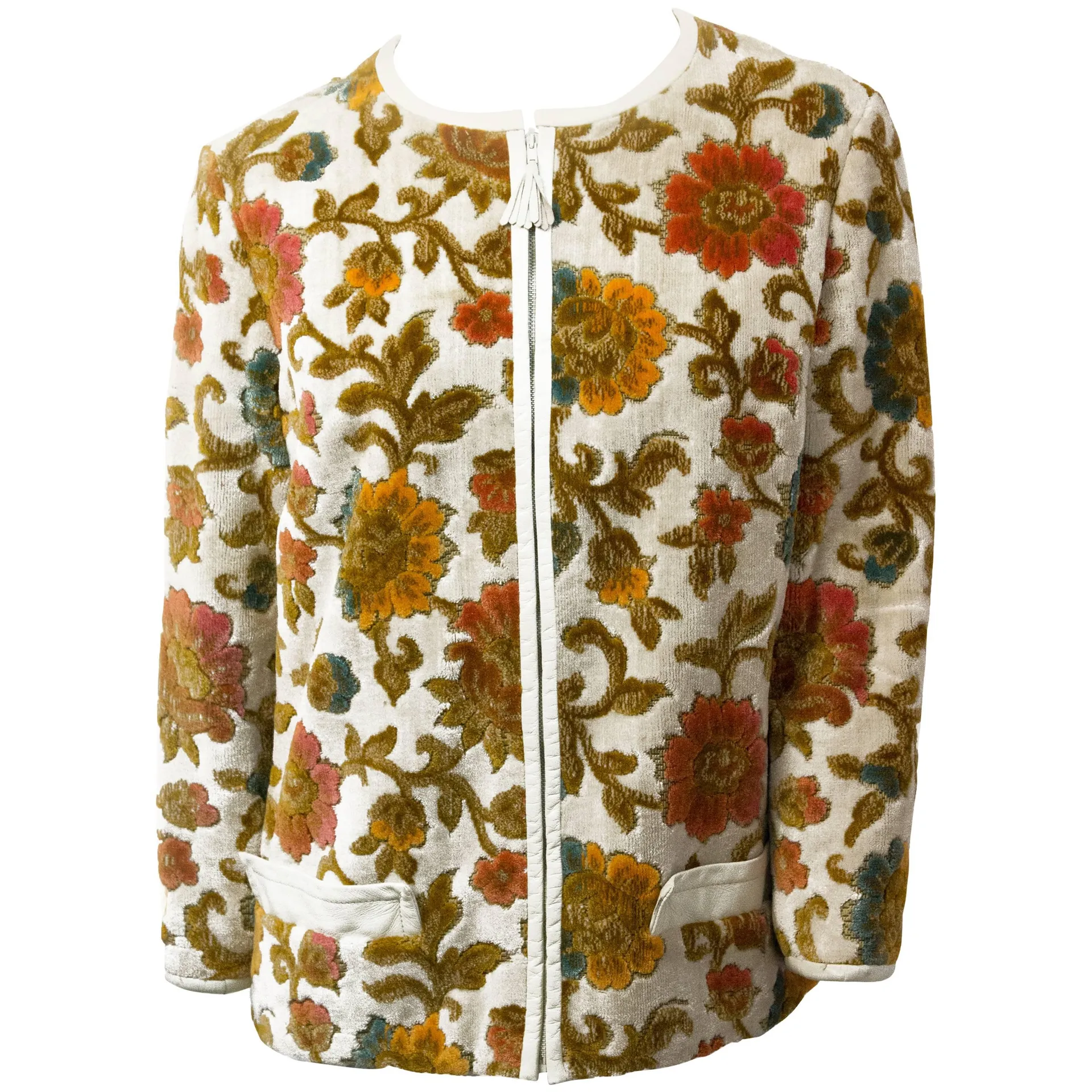 60s Floral Tapestry Jacket with White Leather Trim