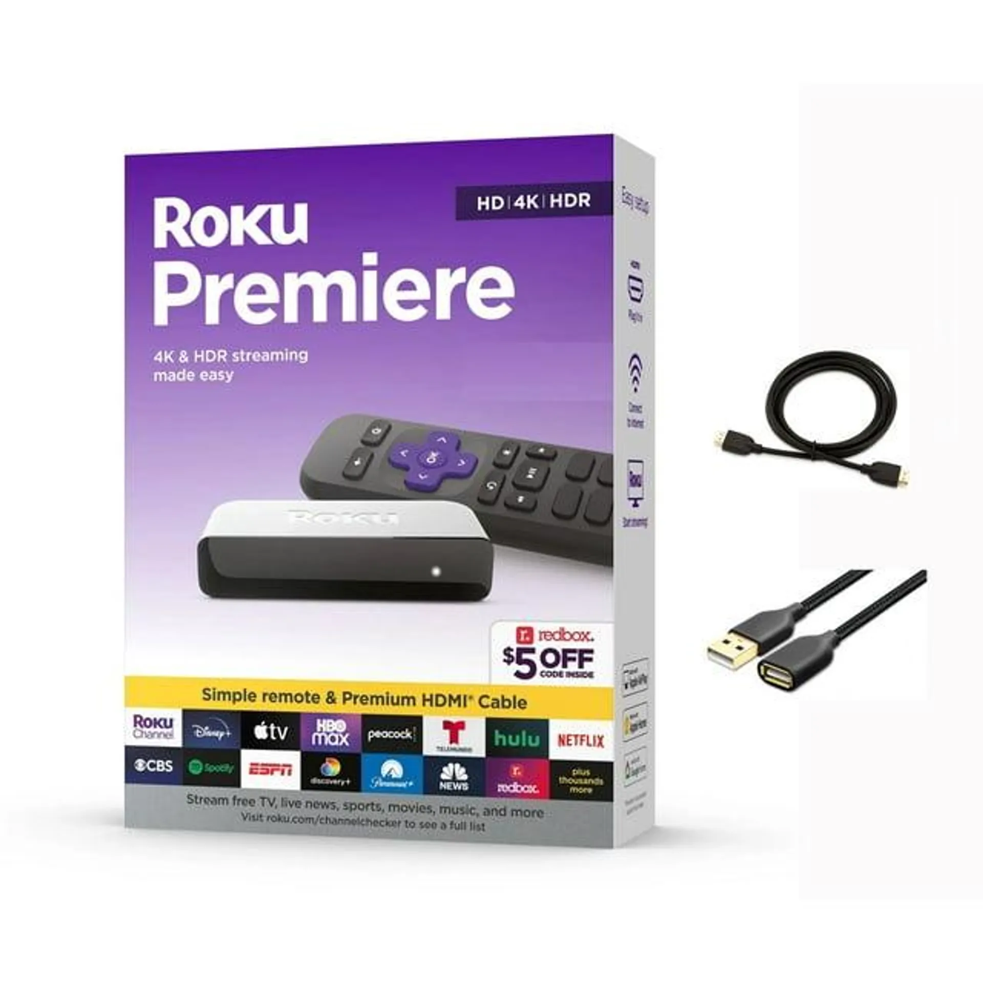 Roku 3920RW Premiere, Wi-Fi/4K/HDR Streaming Media Player with Premium High Speed HDMI Cable and Simple Remote, With 5ave HDMI Cable and USB Extension Cord