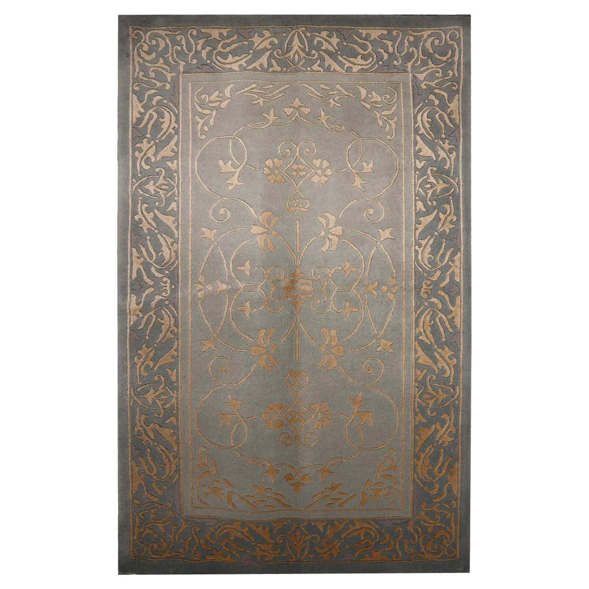 Blue Silk Rug Handwoven Grey Gold Carpet Area Rug 90 x 150 cm