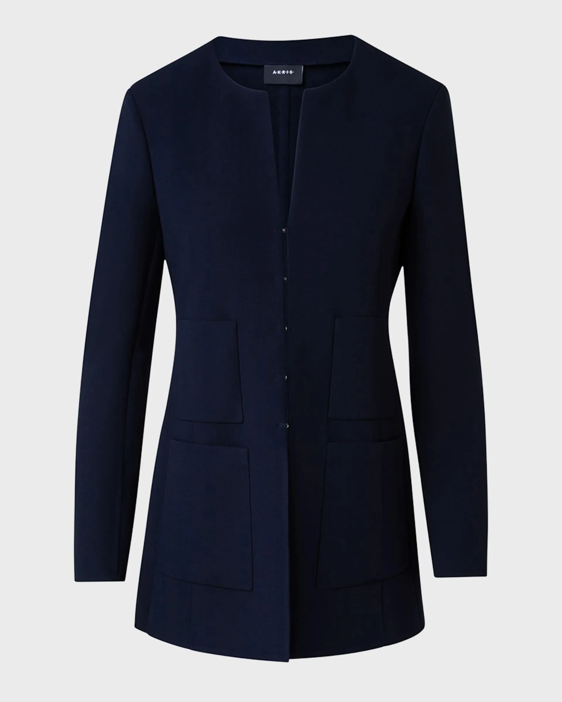 Collarless Wool Double-Face Stretch Long Fitted Jacket