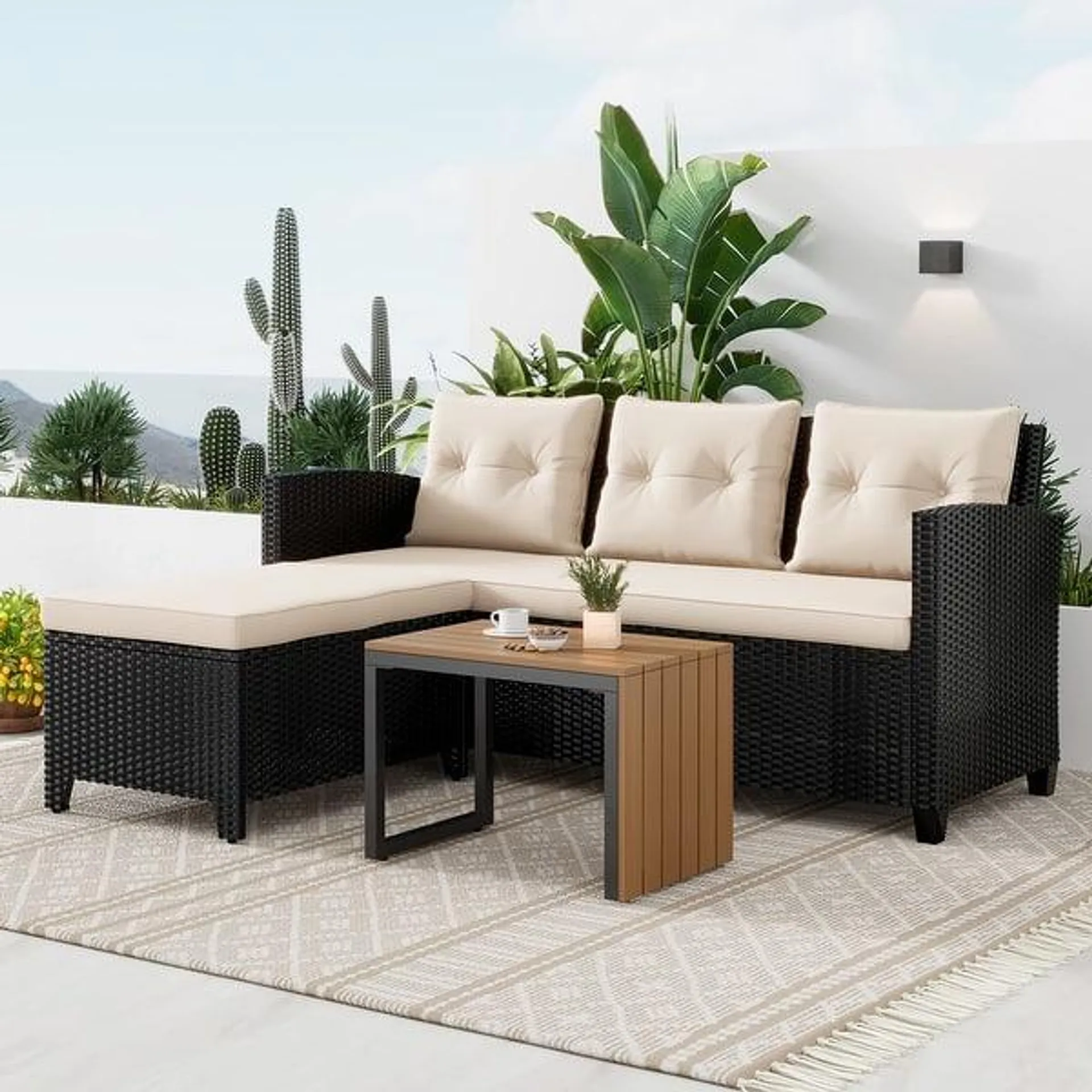 Wicker Patio Furniture Sets - 3 Piece Rattan Outdoor Sectional Sofa Set