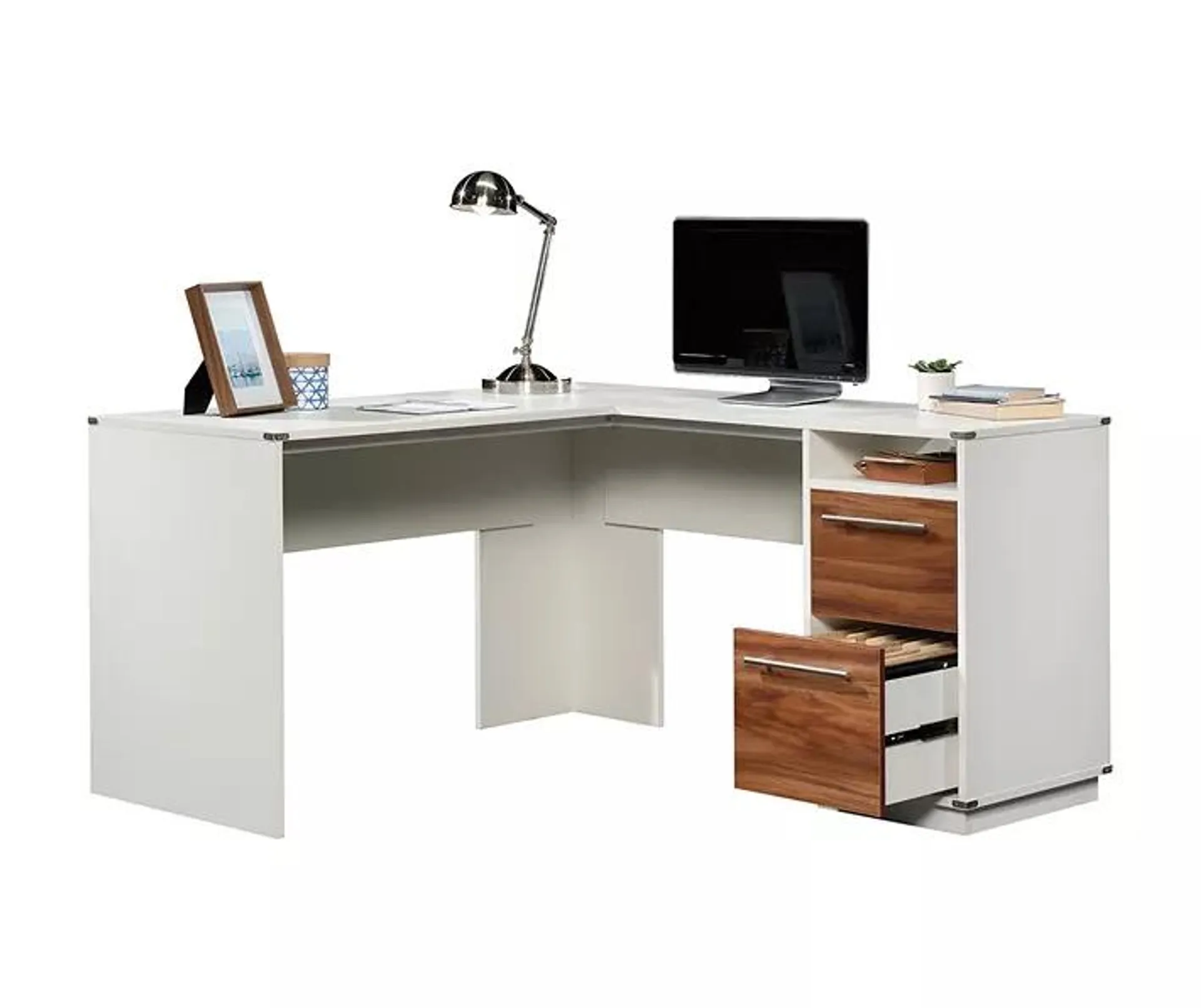 Vista Key Pearl Oak & Blaze Acacia L-Shaped Desk