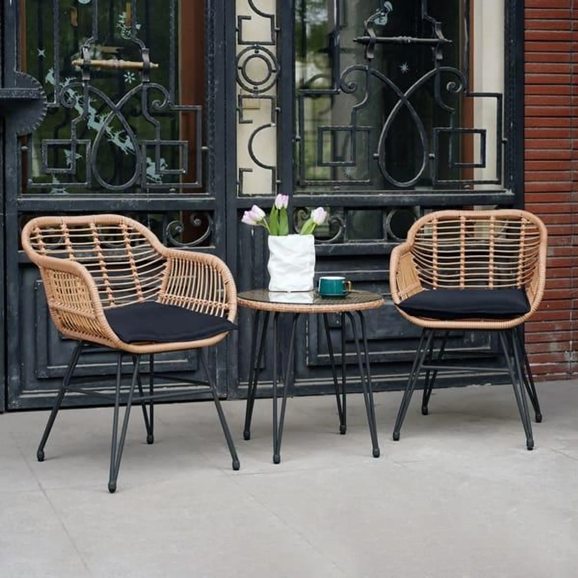 3 Piece Outdoor Wicker Furniture Patio Bistro Set With Cushions for Porch Poolside Garden - 21.2"L x 23.6"W x 31.5"H