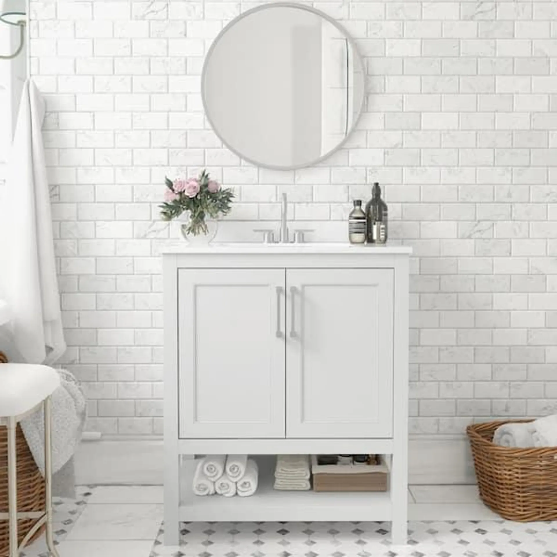 30 in. W x 19 in. D x 38 in. H Single Sink Freestanding Bath Vanity in White with White Stone Top